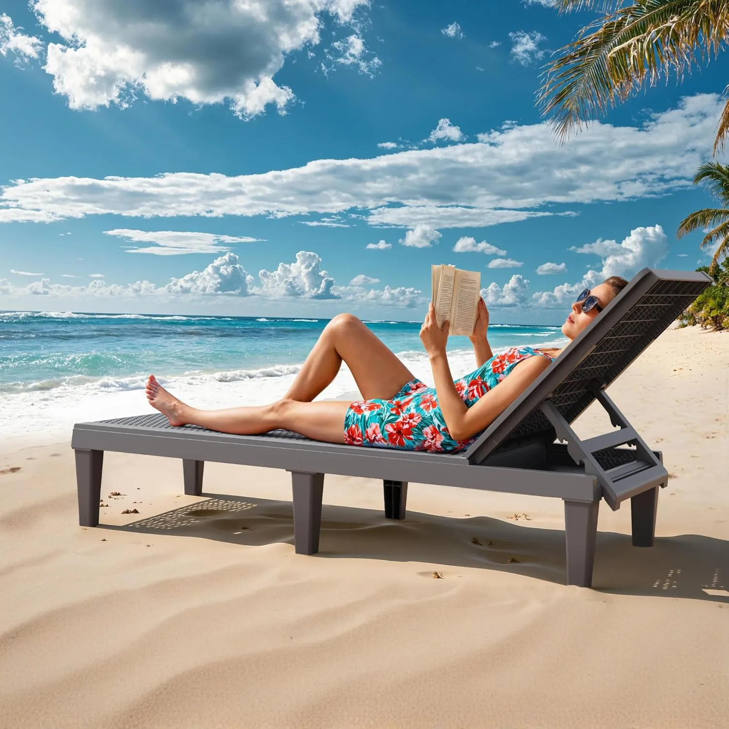Greesum Outdoor Chaise Lounge Chairs Set of 2 with 5-Position Adjustable Backrest, Waterproof PP Sun Loungers for Garden Pool Beach Patio Deck Sunbathing, Grey