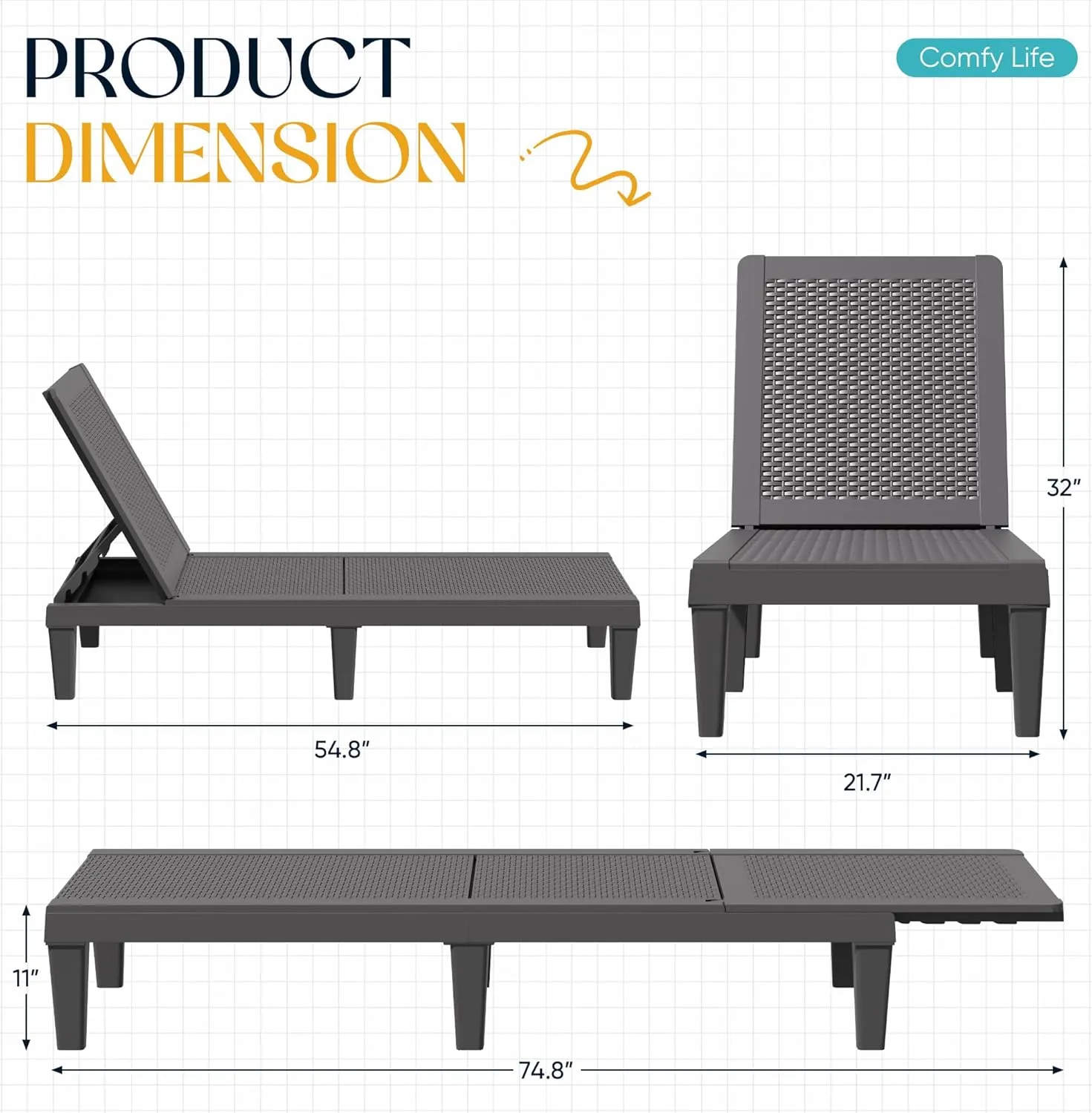 Greesum Outdoor Chaise Lounge Chairs Set of 2 with 5-Position Adjustable Backrest, Waterproof PP Sun Loungers for Garden Pool Beach Patio Deck Sunbathing, Grey