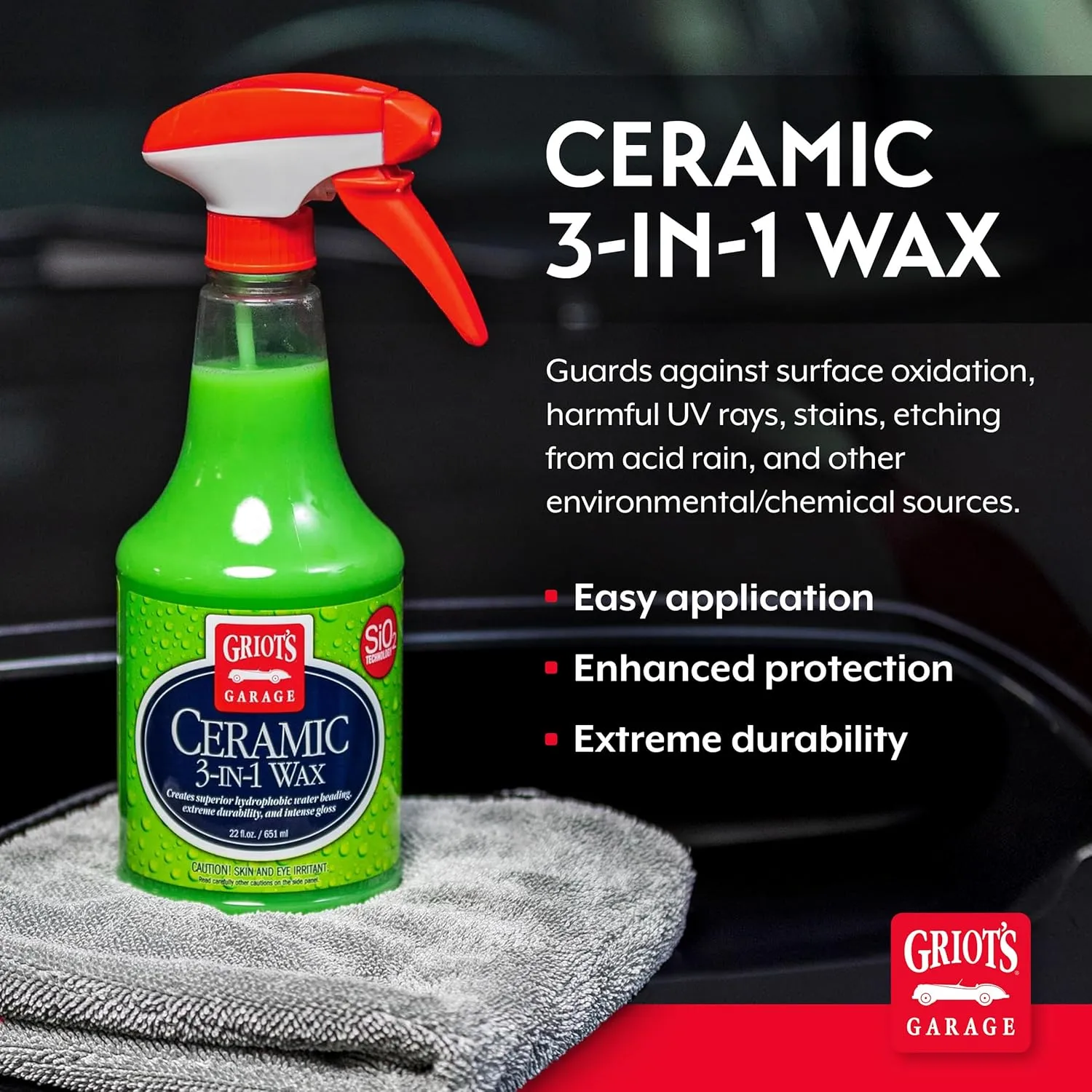 Griot’s Garage Ceramic 3-in-1 Wax, SiO2 Spray for Cars, Trucks, and RV’s, Provides Protection and Water Beading on Paint, Wheels, Plastic, Rubber Trim, Chrome, and More, 10978, 22 oz