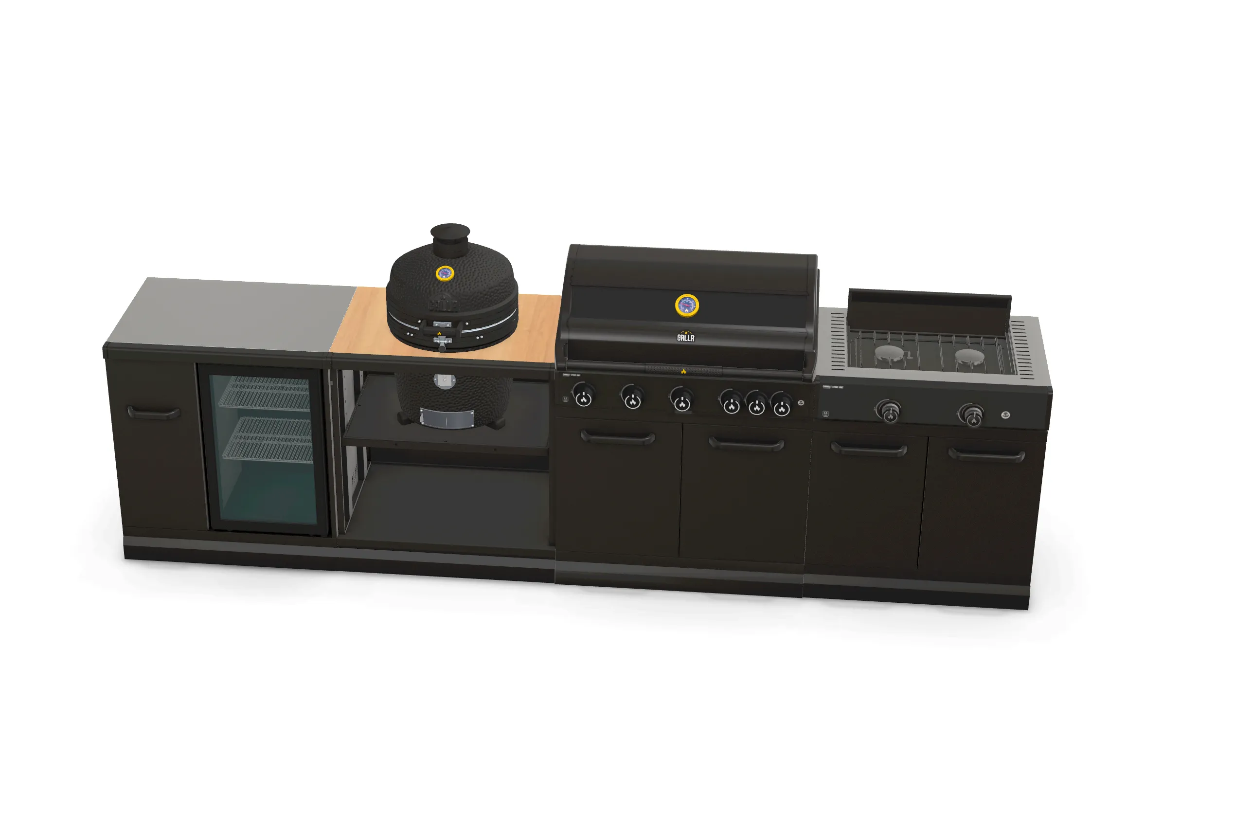 GRLLR Outdoor Kitchen 5 Burner BBQ, Stove unit,Fridge, and Kamado