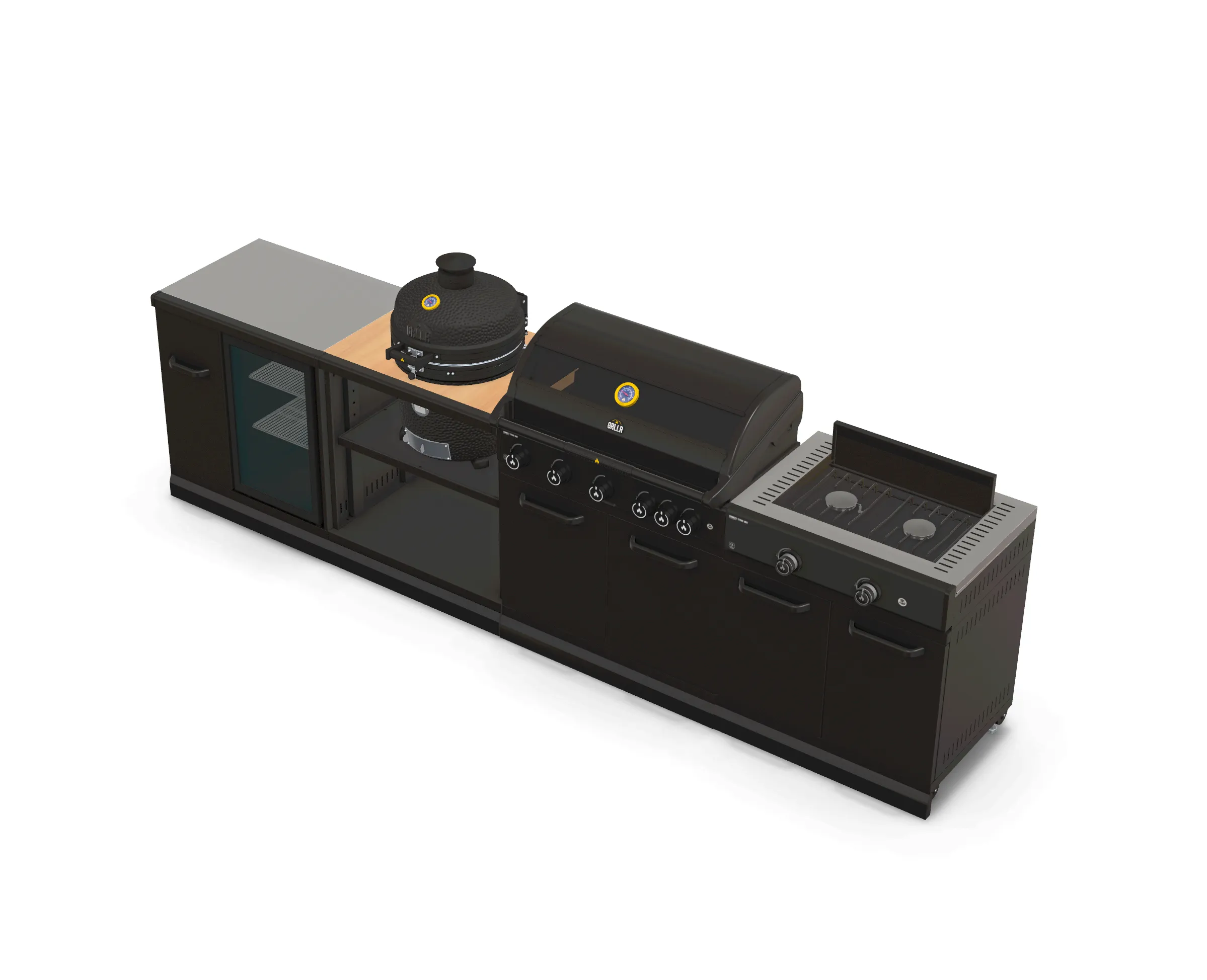 GRLLR Outdoor Kitchen 5 Burner BBQ, Stove unit,Fridge, and Kamado
