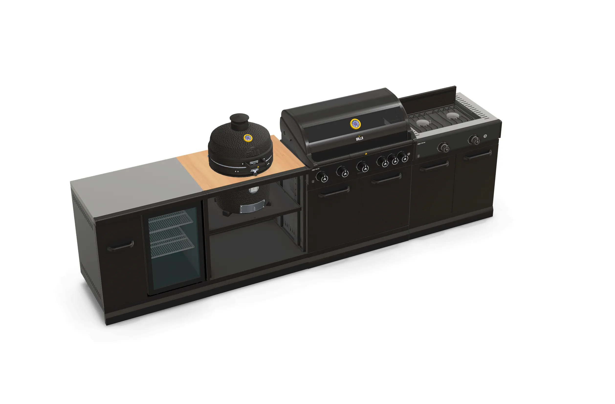 GRLLR Outdoor Kitchen 5 Burner BBQ, Stove unit,Fridge, and Kamado
