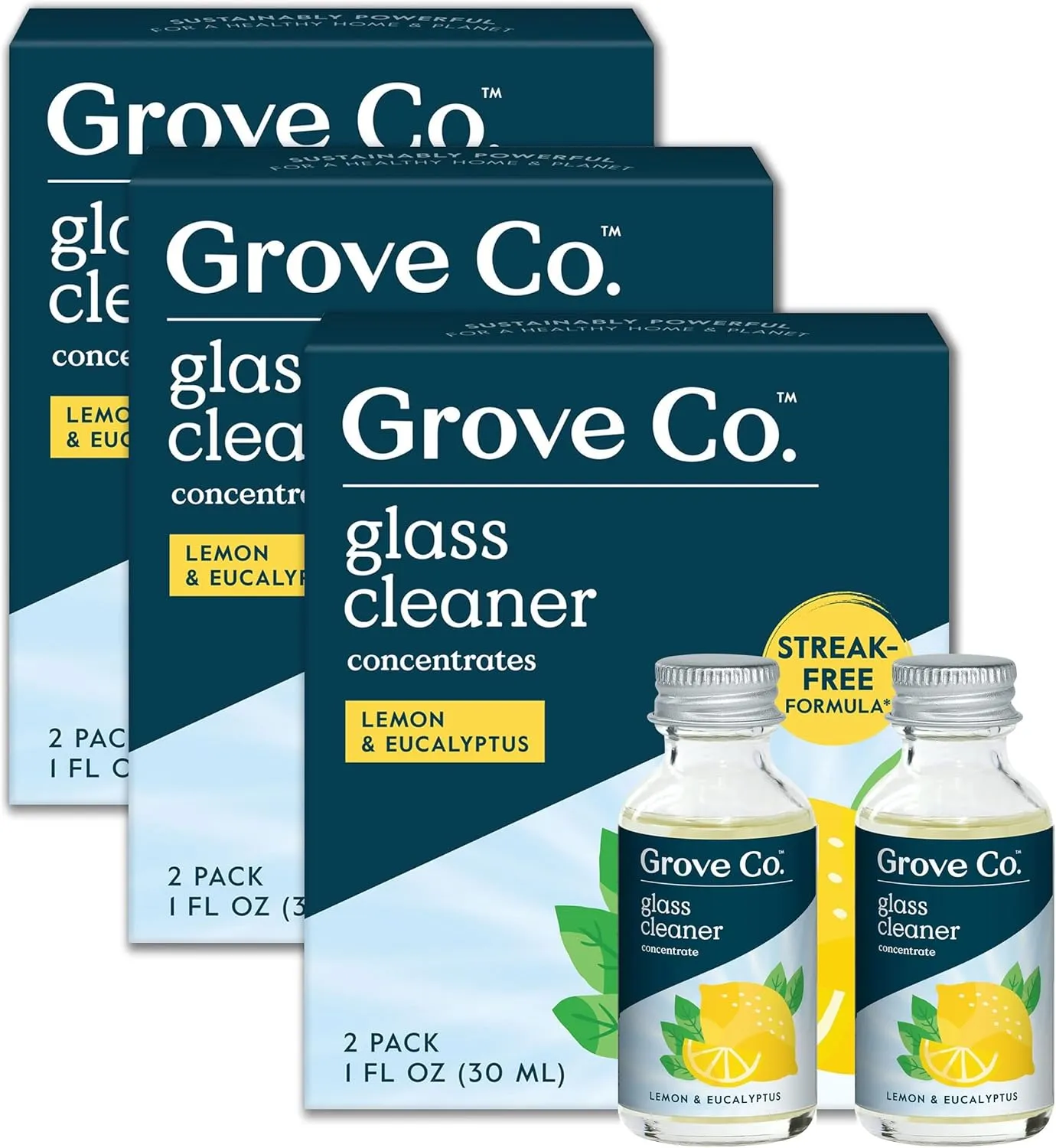 Grove Co. Glass Cleaner, Refill Concentrate (6 x 1 Fl Oz) Streak Free, Plant-Based Household Cleaning Supplies, No Plastic Waste, 100% Natural Lemon & Eucalyptus Fragrance, 3 x 2 Pack Refills