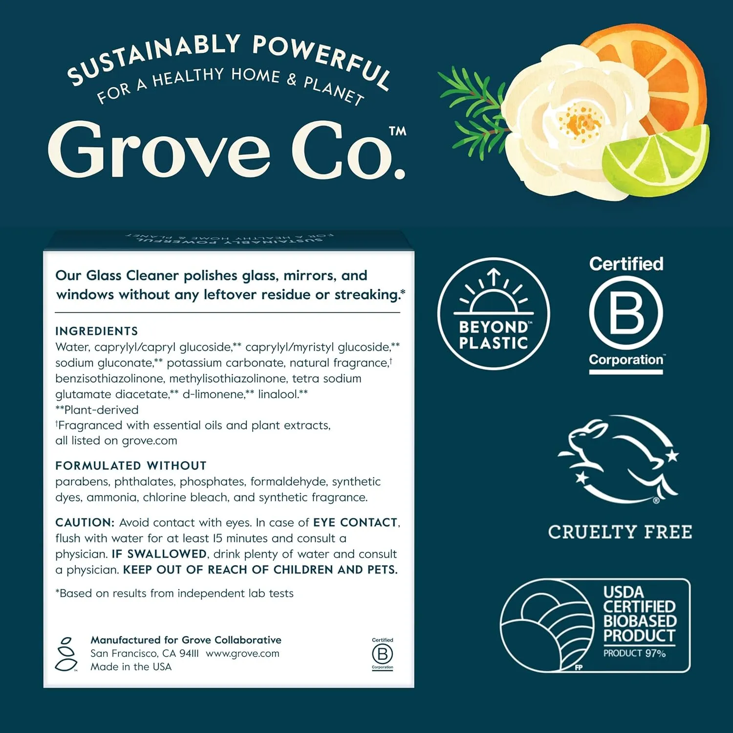 Grove Co. Glass Cleaner, Refill Concentrate (6 x 1 Fl Oz) Streak Free, Plant-Based Household Cleaning Supplies, No Plastic Waste, 100% Natural Lemon & Eucalyptus Fragrance, 3 x 2 Pack Refills