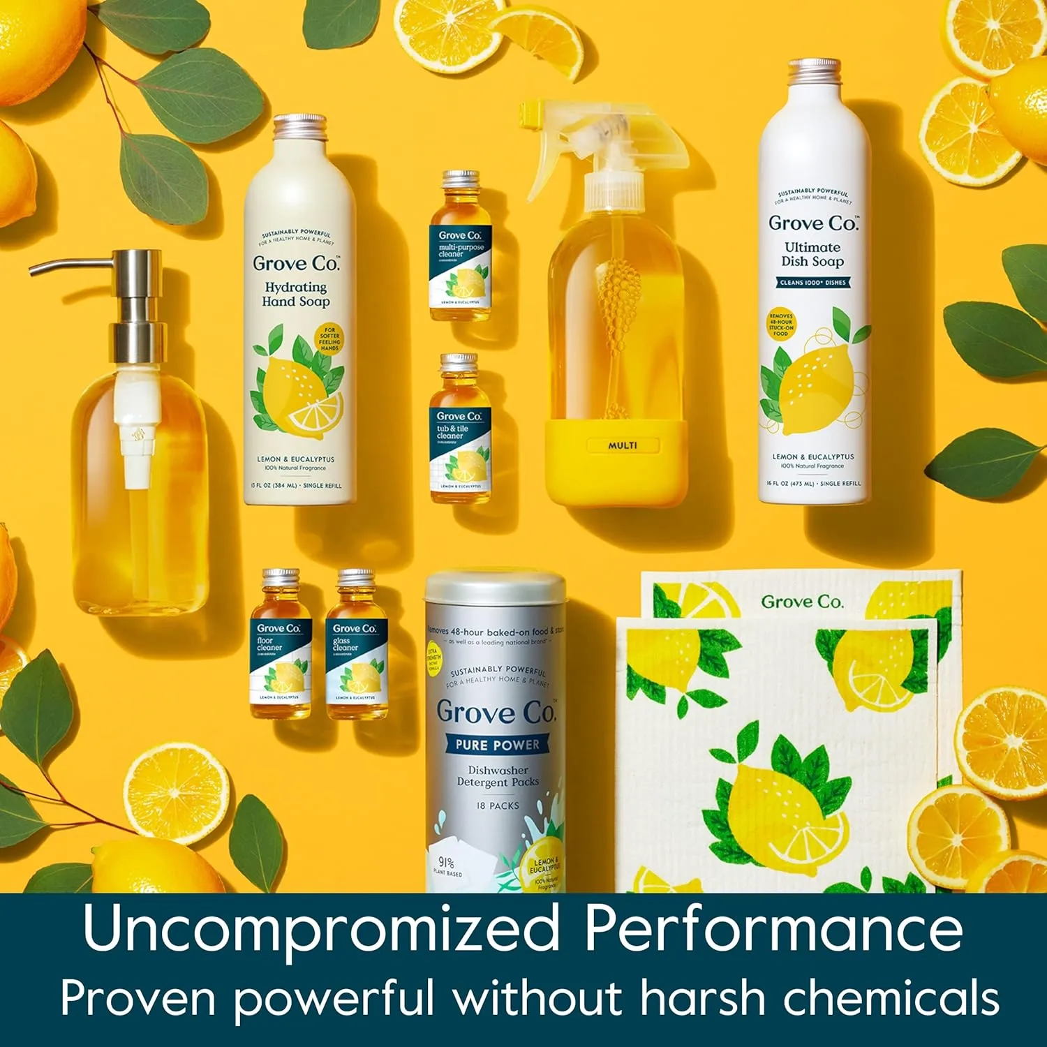 Grove Co. Glass Cleaner, Refill Concentrate (6 x 1 Fl Oz) Streak Free, Plant-Based Household Cleaning Supplies, No Plastic Waste, 100% Natural Lemon & Eucalyptus Fragrance, 3 x 2 Pack Refills