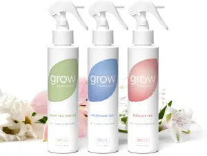 Grow Fragrance Spring 3-Pack – Non-Toxic Air Freshener Spray – Green Tea Matcha, Hibiscus Tea & Wildflower Rain – 100% Plant-Based Essential Oils – Safe for Home, Car & Linens – 5 oz Each