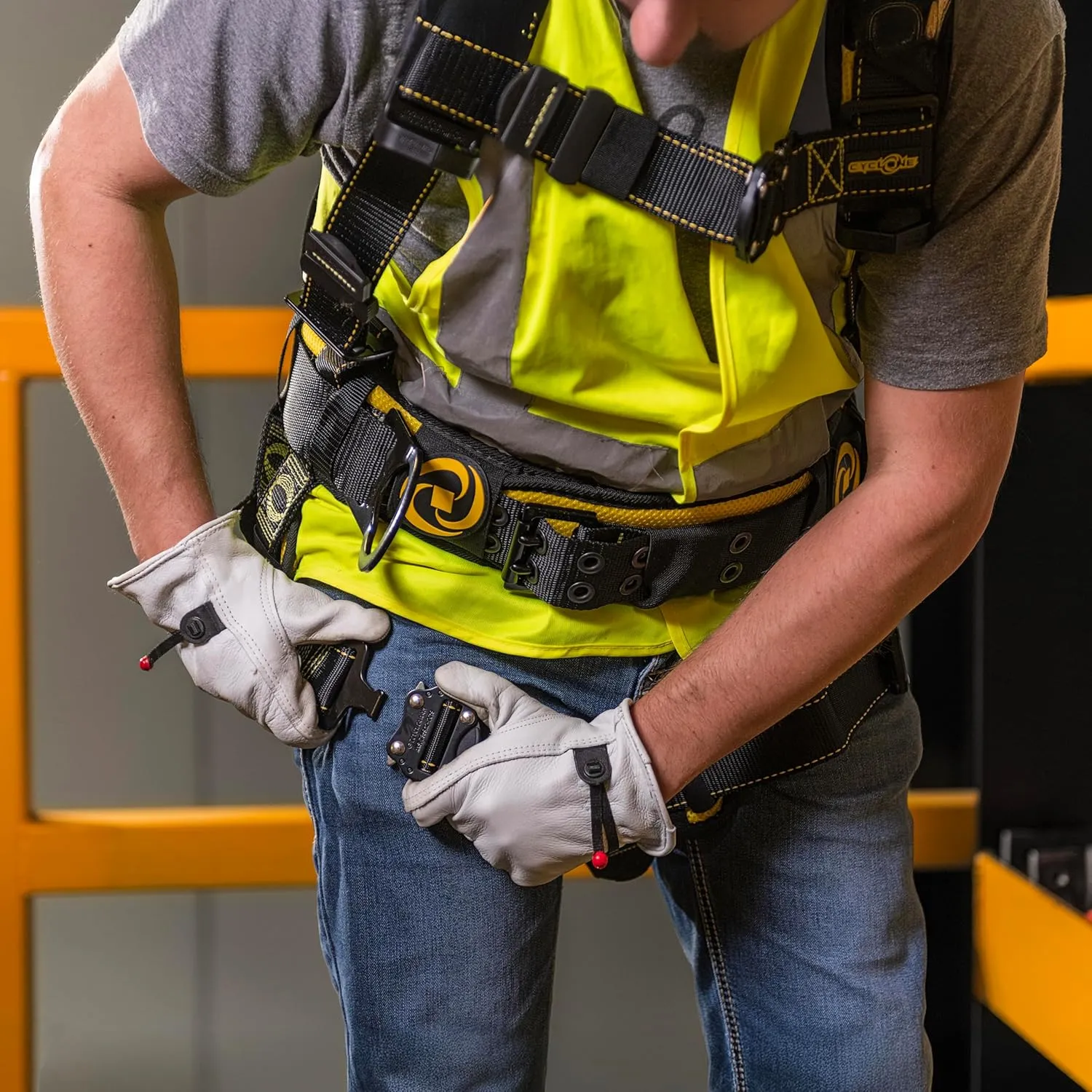 Guardian 21036 Cyclone Construction Harness with Waist Pad | Side D-Rings | Quick Connect Leg |OSHA & ANSI Compliant | Black/Yellow | XXL