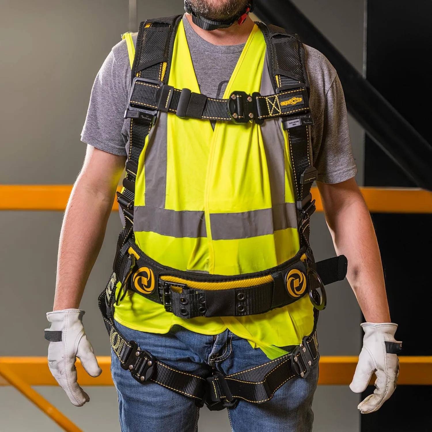Guardian 21036 Cyclone Construction Harness with Waist Pad | Side D-Rings | Quick Connect Leg |OSHA & ANSI Compliant | Black/Yellow | XXL