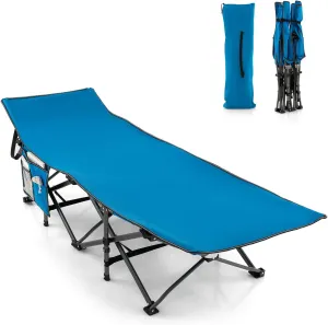 GYMAX Camping Cot, 600 LBS Heavy Duty Sleeping Cot w/Ergonomic Incline Design, 3-in-1 Pocket, Carry Bag, Folding Cot for Adults & Kids, Indoor Outdoor Cot Bed for Camp Travel Home Office Nap (Blue)