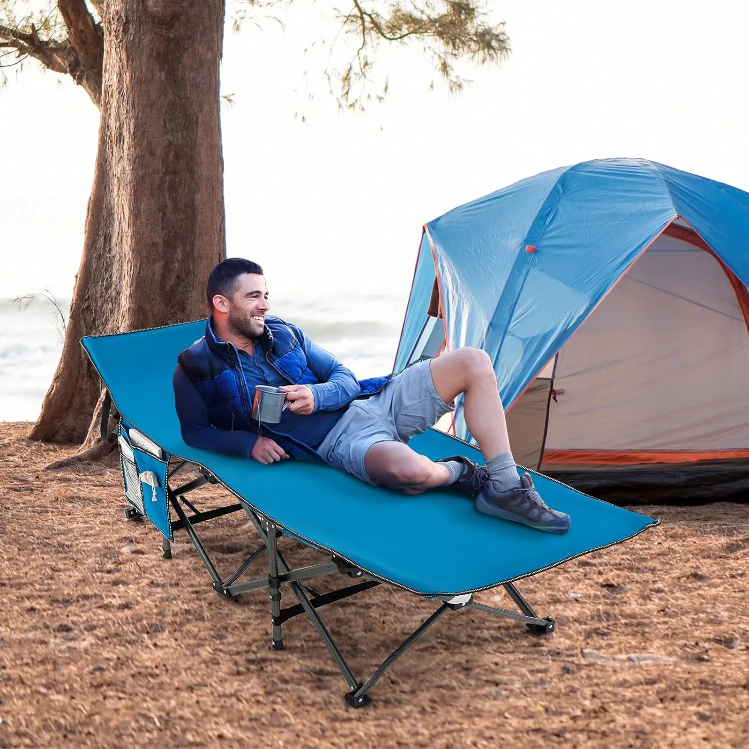 GYMAX Camping Cot, 600 LBS Heavy Duty Sleeping Cot w/Ergonomic Incline Design, 3-in-1 Pocket, Carry Bag, Folding Cot for Adults & Kids, Indoor Outdoor Cot Bed for Camp Travel Home Office Nap (Blue)