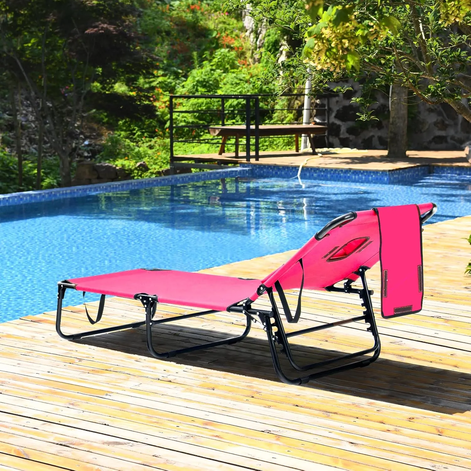 GYMAX Tanning Chair, 350lbs Beach Lounge Chair with Face Hole, Washable Pillow & Carry Strap, Adjustable Folding Chaise Lounge, Layout Chair for Outside, Patio, Poolside, Lawn (1, Pink)