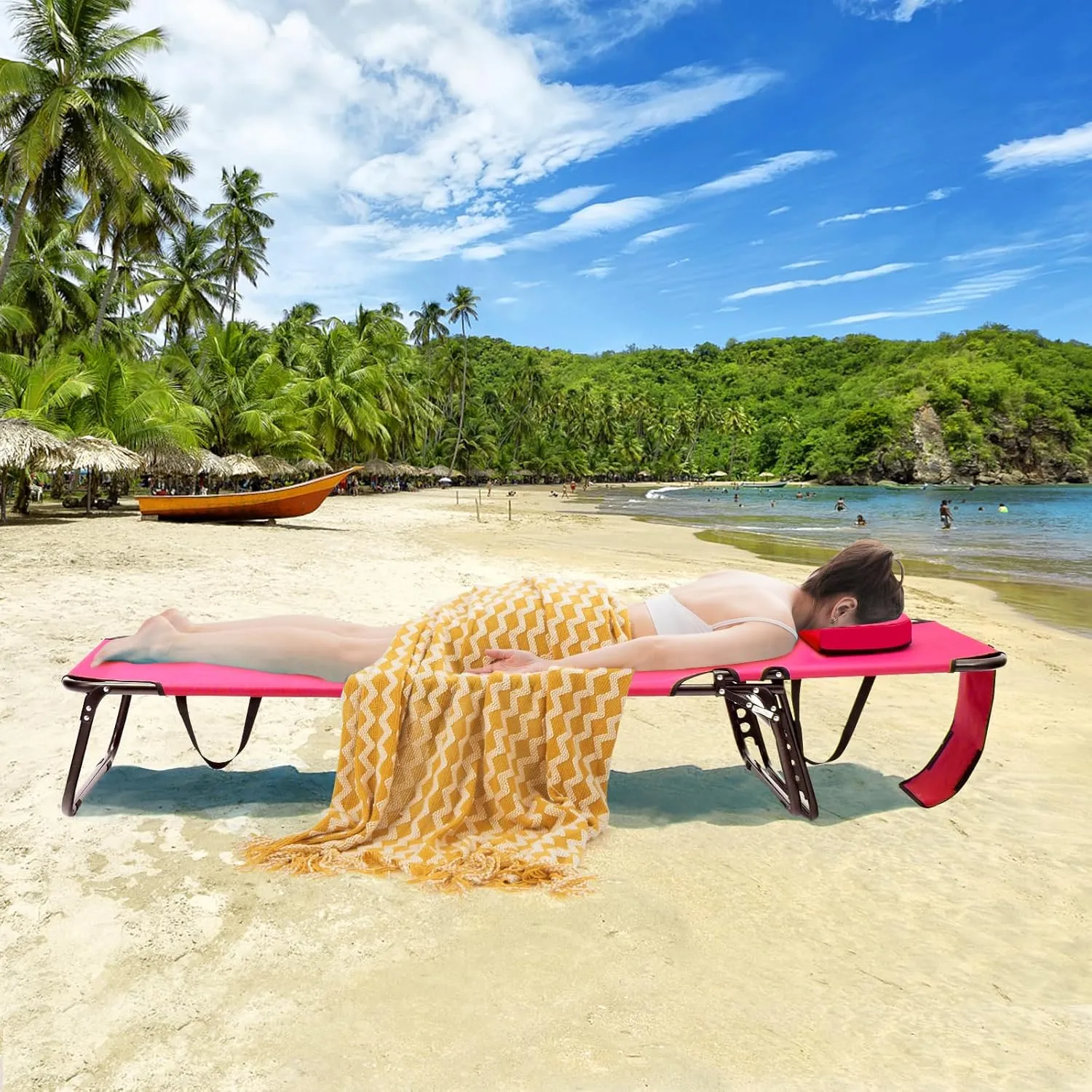 GYMAX Tanning Chair, 350lbs Beach Lounge Chair with Face Hole, Washable Pillow & Carry Strap, Adjustable Folding Chaise Lounge, Layout Chair for Outside, Patio, Poolside, Lawn (1, Pink)
