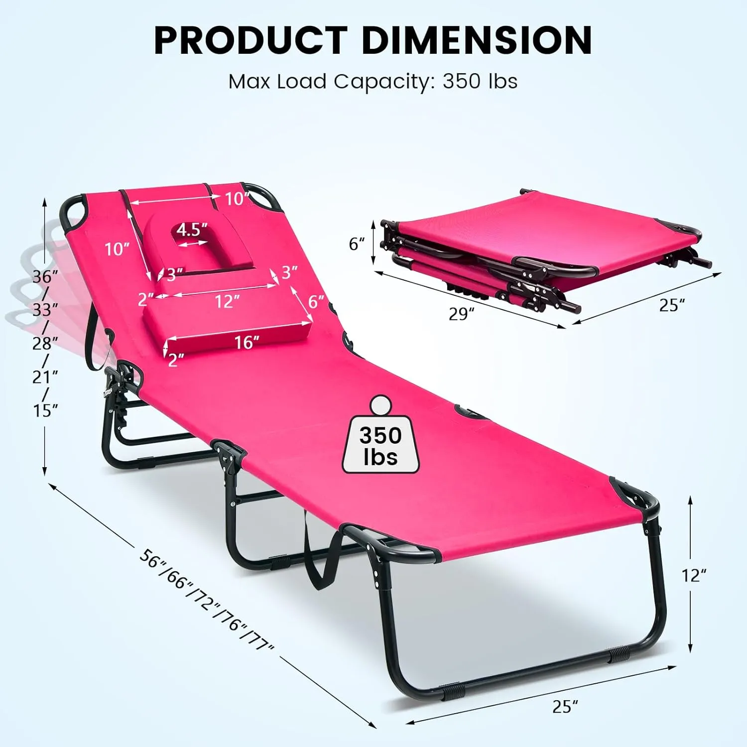 GYMAX Tanning Chair, 350lbs Beach Lounge Chair with Face Hole, Washable Pillow & Carry Strap, Adjustable Folding Chaise Lounge, Layout Chair for Outside, Patio, Poolside, Lawn (1, Pink)