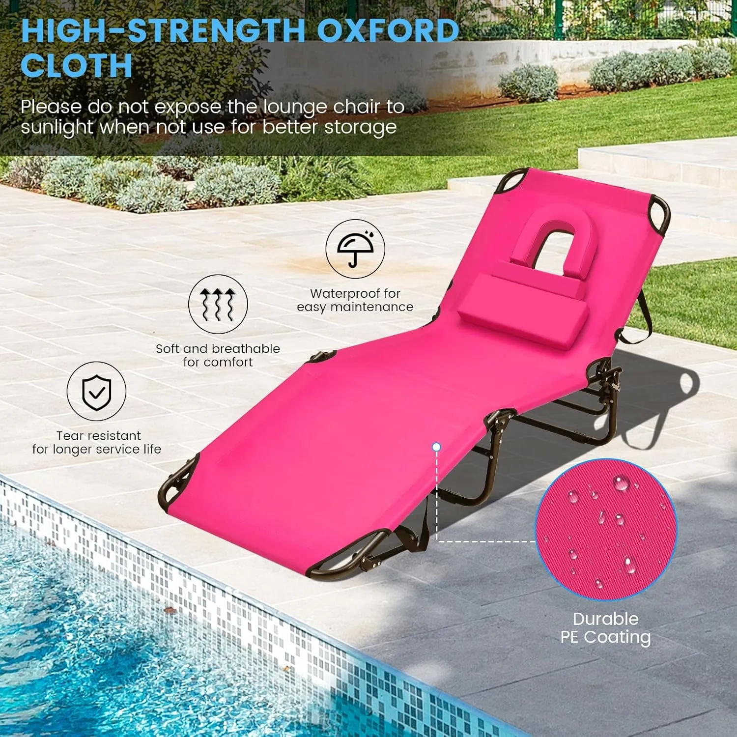 GYMAX Tanning Chair, 350lbs Beach Lounge Chair with Face Hole, Washable Pillow & Carry Strap, Adjustable Folding Chaise Lounge, Layout Chair for Outside, Patio, Poolside, Lawn (1, Pink)
