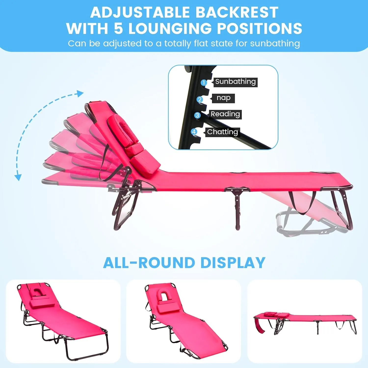 GYMAX Tanning Chair, 350lbs Beach Lounge Chair with Face Hole, Washable Pillow & Carry Strap, Adjustable Folding Chaise Lounge, Layout Chair for Outside, Patio, Poolside, Lawn (1, Pink)