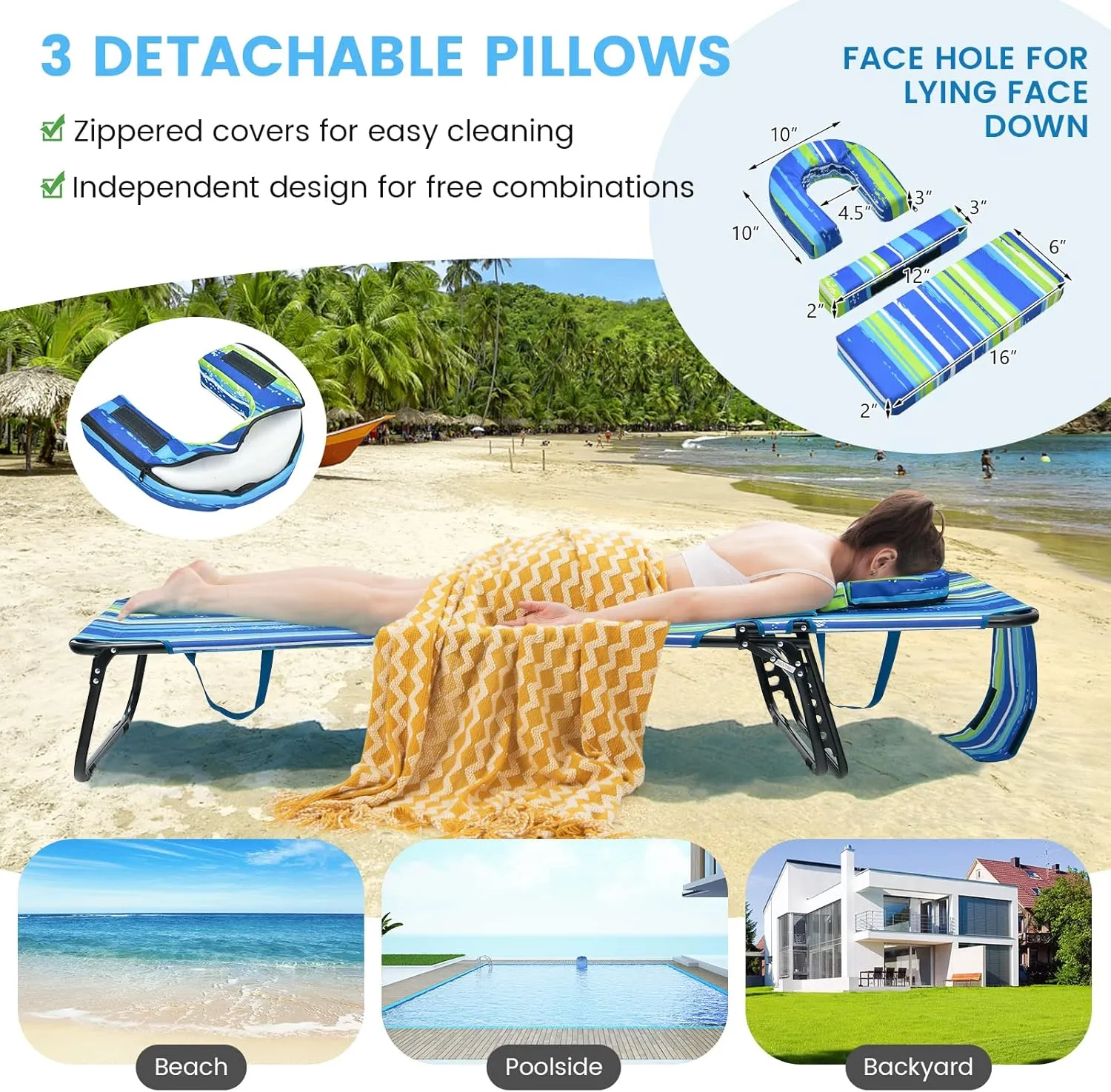 GYMAX Tanning Chair, 350lbs Beach Lounge Chair with Face Hole, Washable Pillow & Carry Strap, Adjustable Folding Chaise Lounge, Layout Chair for Outside, Patio, Poolside, Lawn (1, Stripe)