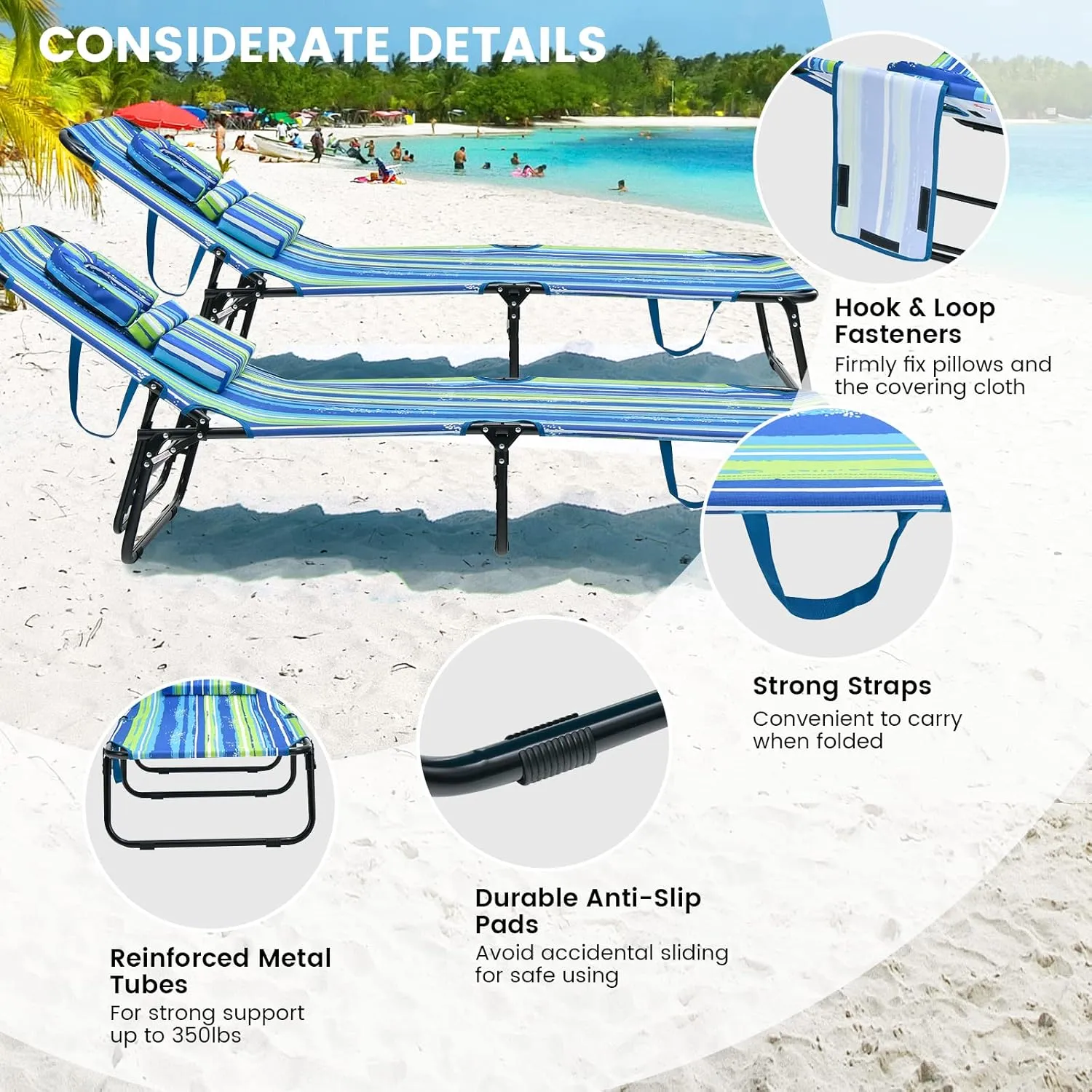 GYMAX Tanning Chair, 350lbs Beach Lounge Chair with Face Hole, Washable Pillow & Carry Strap, Adjustable Folding Chaise Lounge, Layout Chair for Outside, Patio, Poolside, Lawn (1, Stripe)
