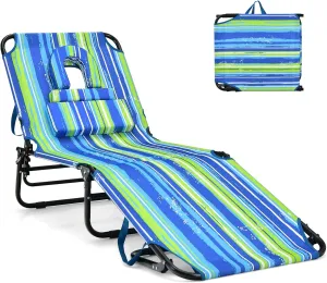 GYMAX Tanning Chair, 350lbs Beach Lounge Chair with Face Hole, Washable Pillow & Carry Strap, Adjustable Folding Chaise Lounge, Layout Chair for Outside, Patio, Poolside, Lawn (1, Stripe)