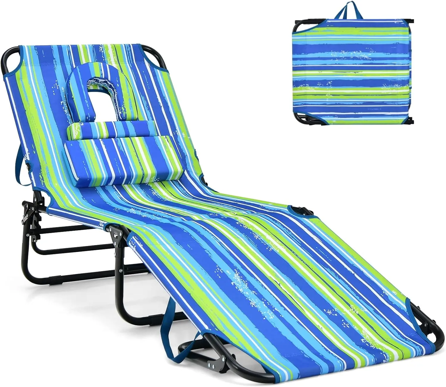 GYMAX Tanning Chair, 350lbs Beach Lounge Chair with Face Hole, Washable Pillow & Carry Strap, Adjustable Folding Chaise Lounge, Layout Chair for Outside, Patio, Poolside, Lawn (1, Stripe)
