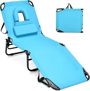 GYMAX Tanning Chair, 350lbs Beach Lounge Chair with Face Hole, Washable Pillow & Carry Strap, Adjustable Folding Chaise Lounge, Layout Lounger for Outside, Patio, Poolside, Lawn (1, Arctic)