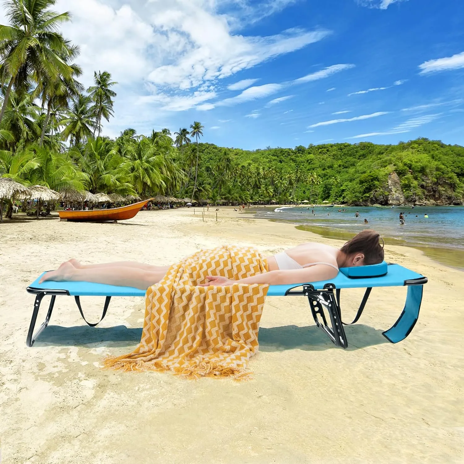 GYMAX Tanning Chair, 350lbs Beach Lounge Chair with Face Hole, Washable Pillow & Carry Strap, Adjustable Folding Chaise Lounge, Layout Lounger for Outside, Patio, Poolside, Lawn (1, Arctic)