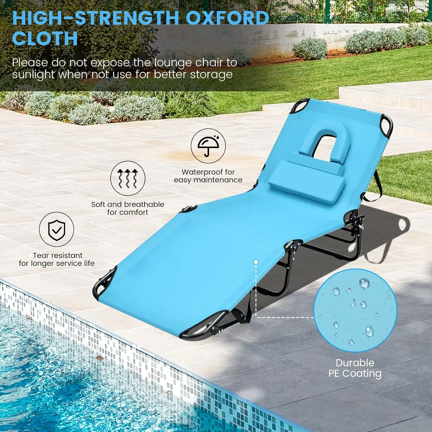 GYMAX Tanning Chair, 350lbs Beach Lounge Chair with Face Hole, Washable Pillow & Carry Strap, Adjustable Folding Chaise Lounge, Layout Lounger for Outside, Patio, Poolside, Lawn (1, Arctic)