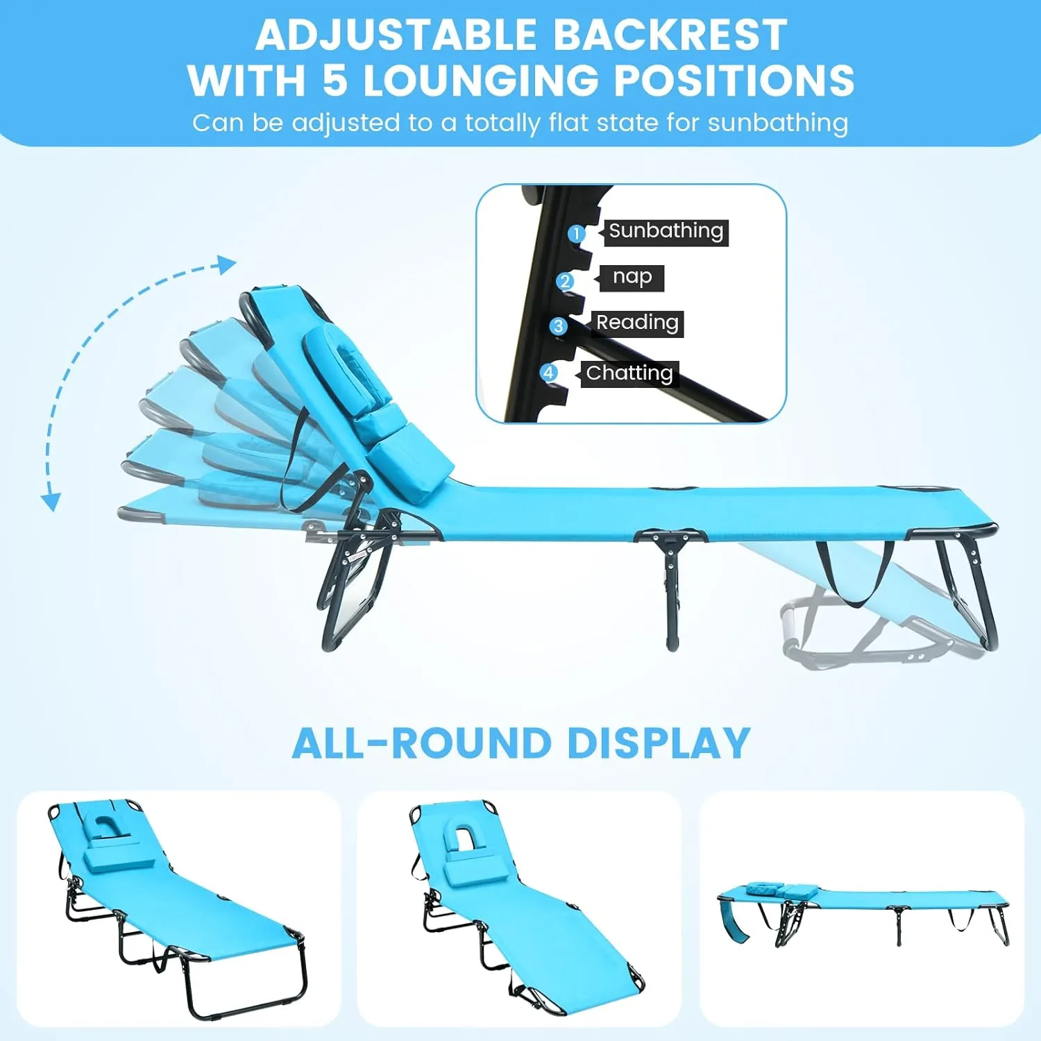 GYMAX Tanning Chair, 350lbs Beach Lounge Chair with Face Hole, Washable Pillow & Carry Strap, Adjustable Folding Chaise Lounge, Layout Lounger for Outside, Patio, Poolside, Lawn (1, Arctic)