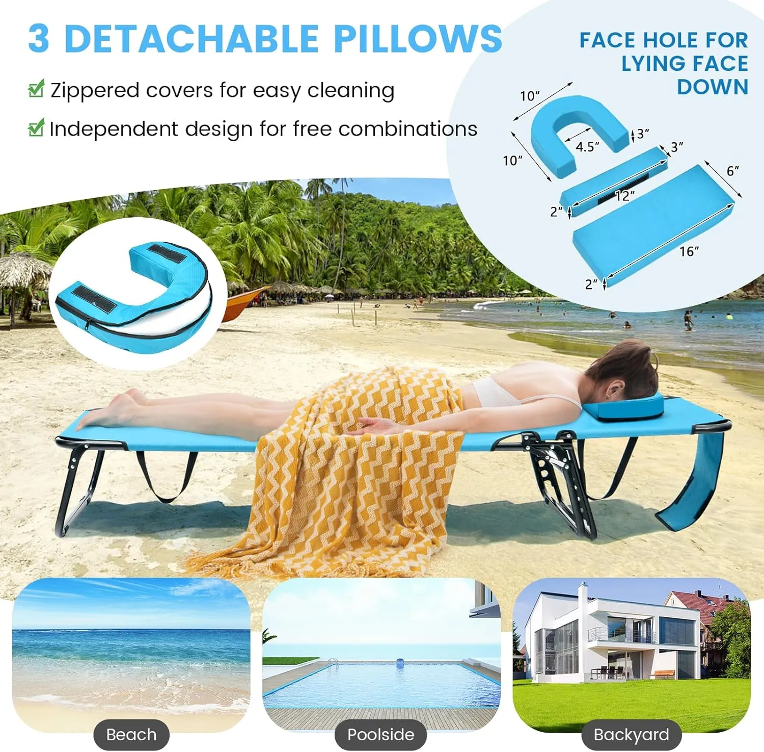 GYMAX Tanning Chair, 350lbs Beach Lounge Chair with Face Hole, Washable Pillow & Carry Strap, Adjustable Folding Chaise Lounge, Layout Lounger for Outside, Patio, Poolside, Lawn (1, Arctic)
