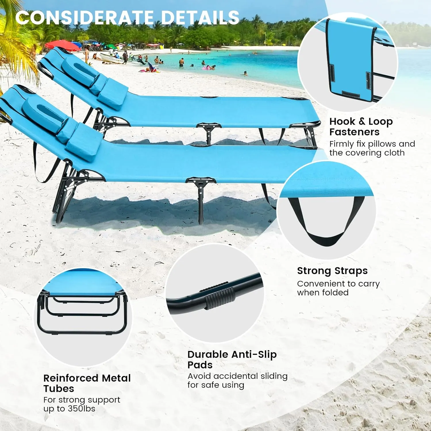GYMAX Tanning Chair, 350lbs Beach Lounge Chair with Face Hole, Washable Pillow & Carry Strap, Adjustable Folding Chaise Lounge, Layout Lounger for Outside, Patio, Poolside, Lawn (1, Arctic)
