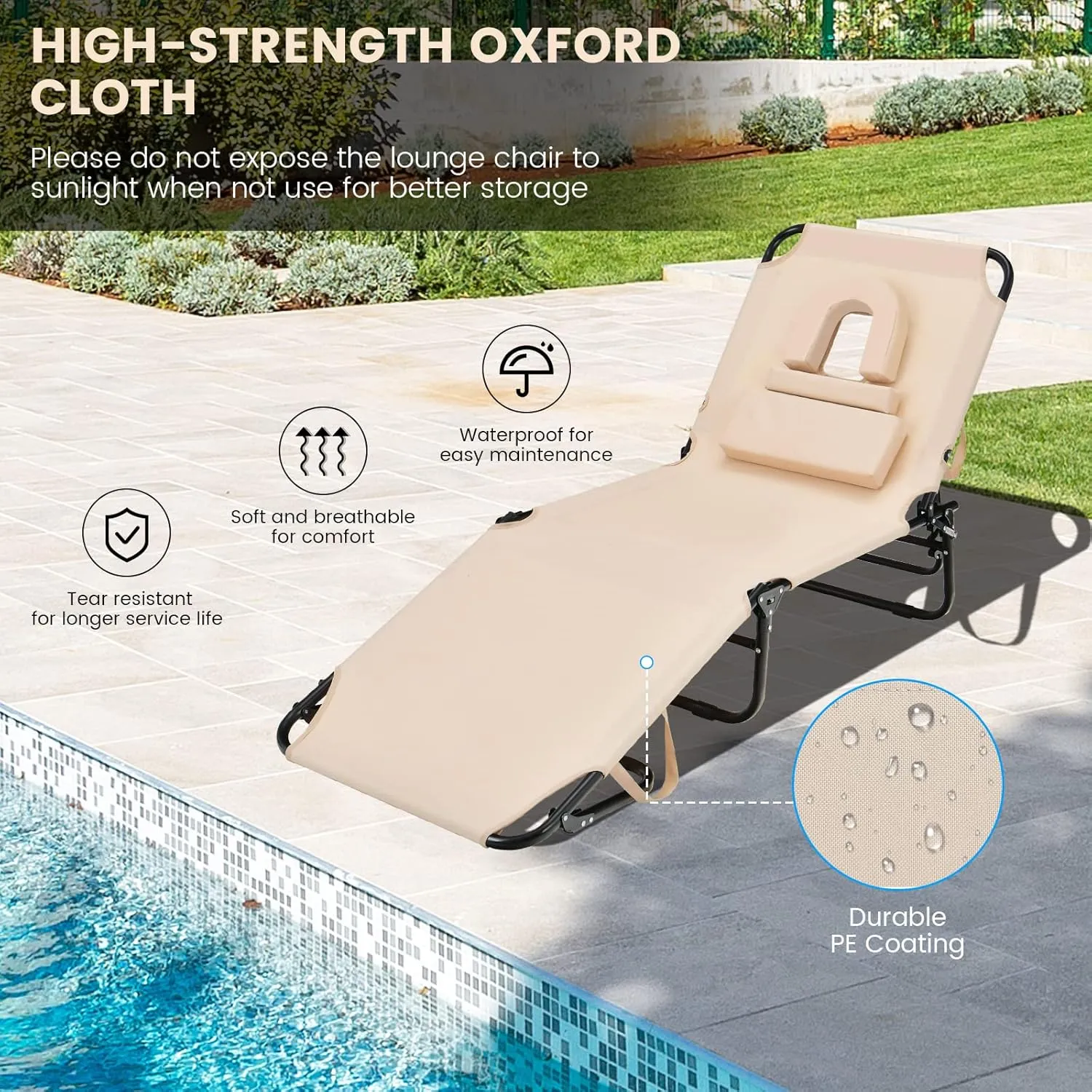 GYMAX Tanning Chair, 350lbs Beach Lounge Chair with Face Hole, Washable Pillow & Carry Strap, Adjustable Folding Chaise Lounge, Layout Lounger for Outside, Patio, Poolside, Lawn (1, Beige)