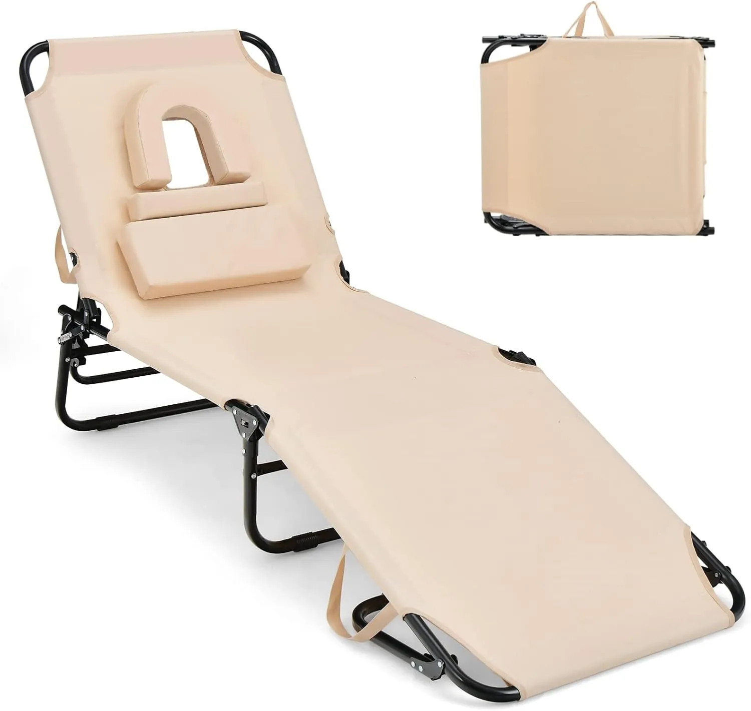 GYMAX Tanning Chair, 350lbs Beach Lounge Chair with Face Hole, Washable Pillow & Carry Strap, Adjustable Folding Chaise Lounge, Layout Lounger for Outside, Patio, Poolside, Lawn (1, Beige)