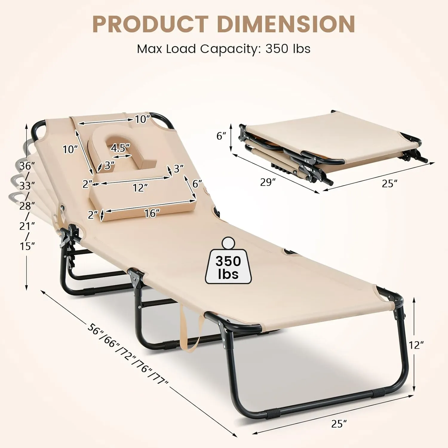 GYMAX Tanning Chair, 350lbs Beach Lounge Chair with Face Hole, Washable Pillow & Carry Strap, Adjustable Folding Chaise Lounge, Layout Lounger for Outside, Patio, Poolside, Lawn (1, Beige)