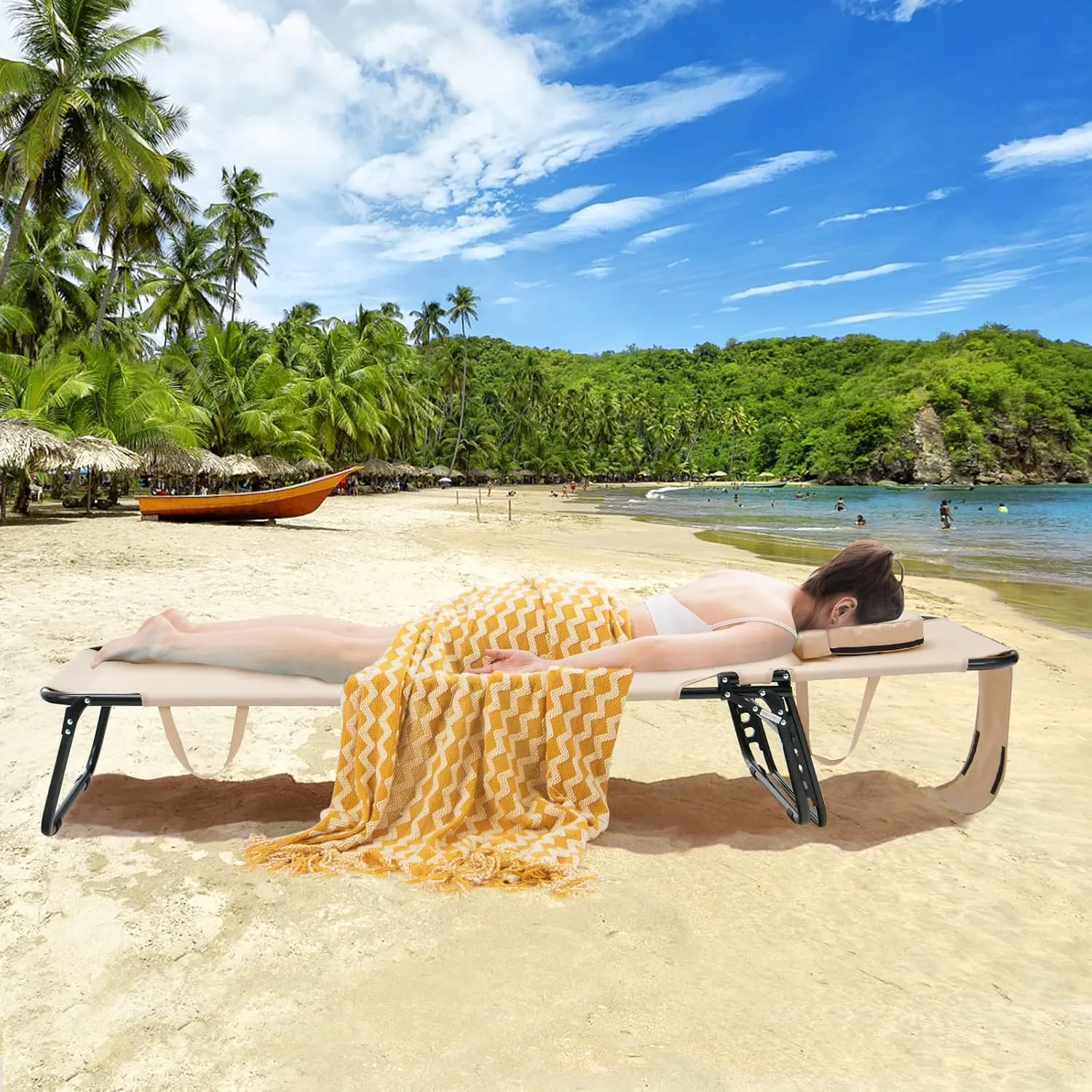 GYMAX Tanning Chair, 350lbs Beach Lounge Chair with Face Hole, Washable Pillow & Carry Strap, Adjustable Folding Chaise Lounge, Layout Lounger for Outside, Patio, Poolside, Lawn (1, Beige)