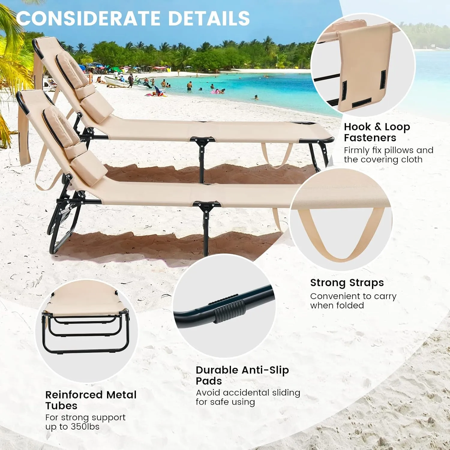 GYMAX Tanning Chair, 350lbs Beach Lounge Chair with Face Hole, Washable Pillow & Carry Strap, Adjustable Folding Chaise Lounge, Layout Lounger for Outside, Patio, Poolside, Lawn (1, Beige)