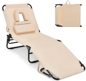 GYMAX Tanning Chair, 350lbs Beach Lounge Chair with Face Hole, Washable Pillow & Carry Strap, Adjustable Folding Chaise Lounge, Layout Lounger for Outside, Patio, Poolside, Lawn (1, Beige)
