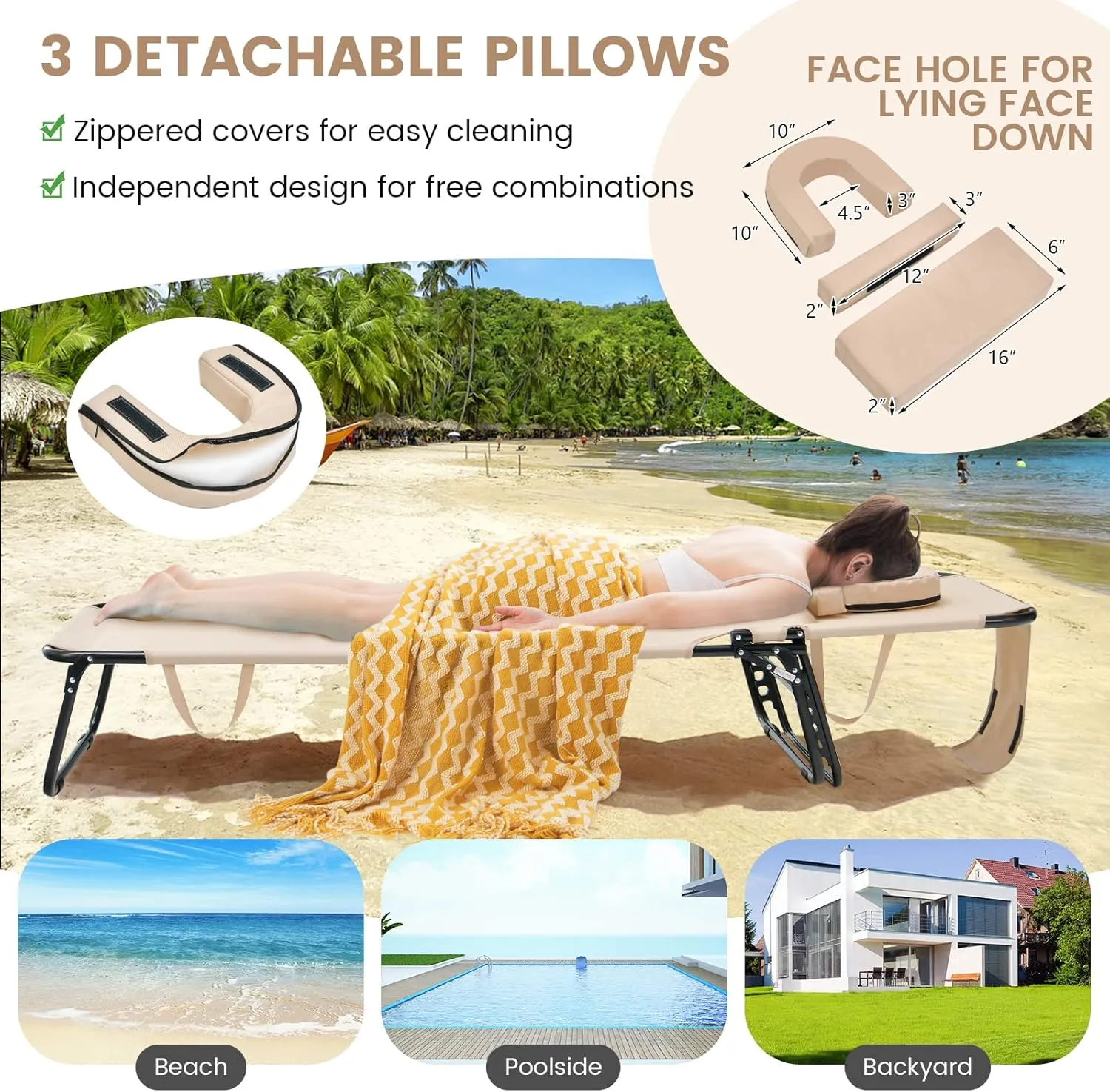 GYMAX Tanning Chair, 350lbs Beach Lounge Chair with Face Hole, Washable Pillow & Carry Strap, Adjustable Folding Chaise Lounge, Layout Lounger for Outside, Patio, Poolside, Lawn (1, Beige)