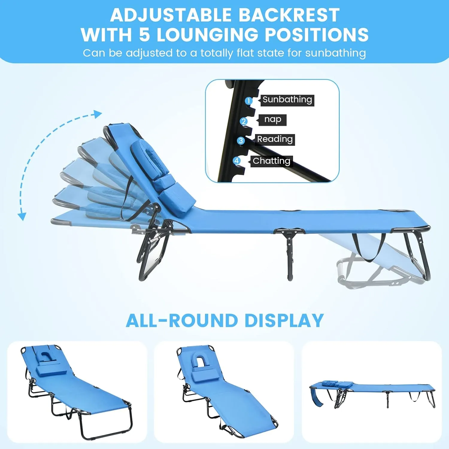 GYMAX Tanning Chair, 350lbs Beach Lounge Chair with Face Hole, Washable Pillow & Carry Strap, Adjustable Folding Chaise Lounge, Layout Lounger for Outside, Patio, Poolside, Lawn (1, Blue)