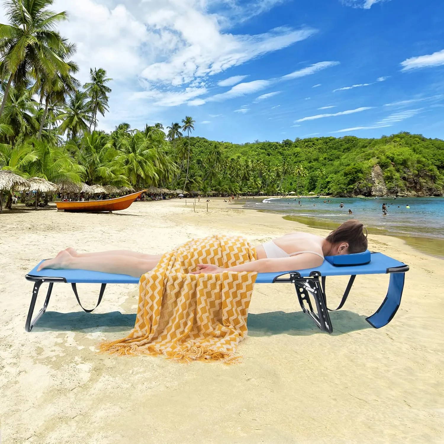 GYMAX Tanning Chair, 350lbs Beach Lounge Chair with Face Hole, Washable Pillow & Carry Strap, Adjustable Folding Chaise Lounge, Layout Lounger for Outside, Patio, Poolside, Lawn (1, Blue)