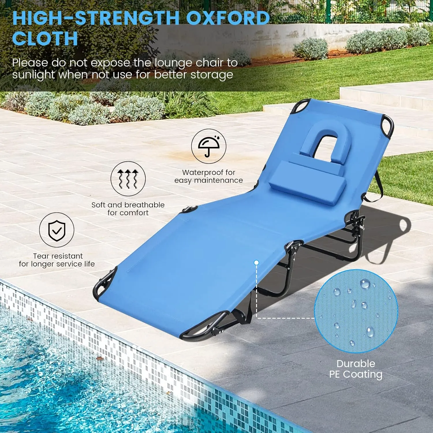 GYMAX Tanning Chair, 350lbs Beach Lounge Chair with Face Hole, Washable Pillow & Carry Strap, Adjustable Folding Chaise Lounge, Layout Lounger for Outside, Patio, Poolside, Lawn (1, Blue)