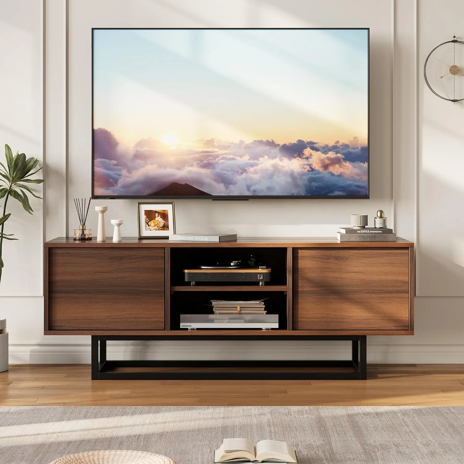 HAIOOU TV Stand for 50 55 Inch TV, Modern TV Console Small Entertainment Center with Sturdy Metal Base, Push-to-Open Doors and Soft-Close Hinges for Living Room, Bedroom - Walnut Brown