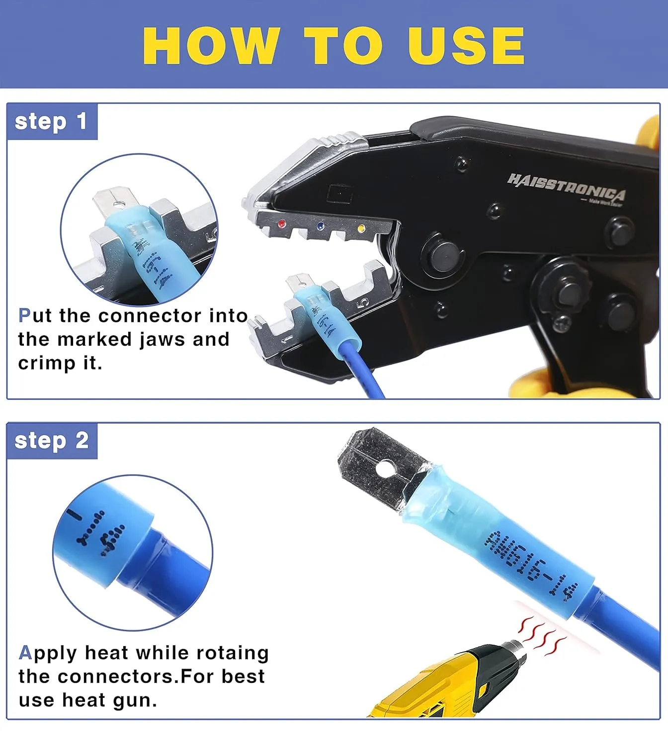 haisstronica 200PCS Blue Heat Shrink Spade Connectors,AWG 16-14 Heat Shrink Spade Terminlas Kit, Speaker Wire Connector, Male and Female Electrical Quick Disconnect Wire Connectors