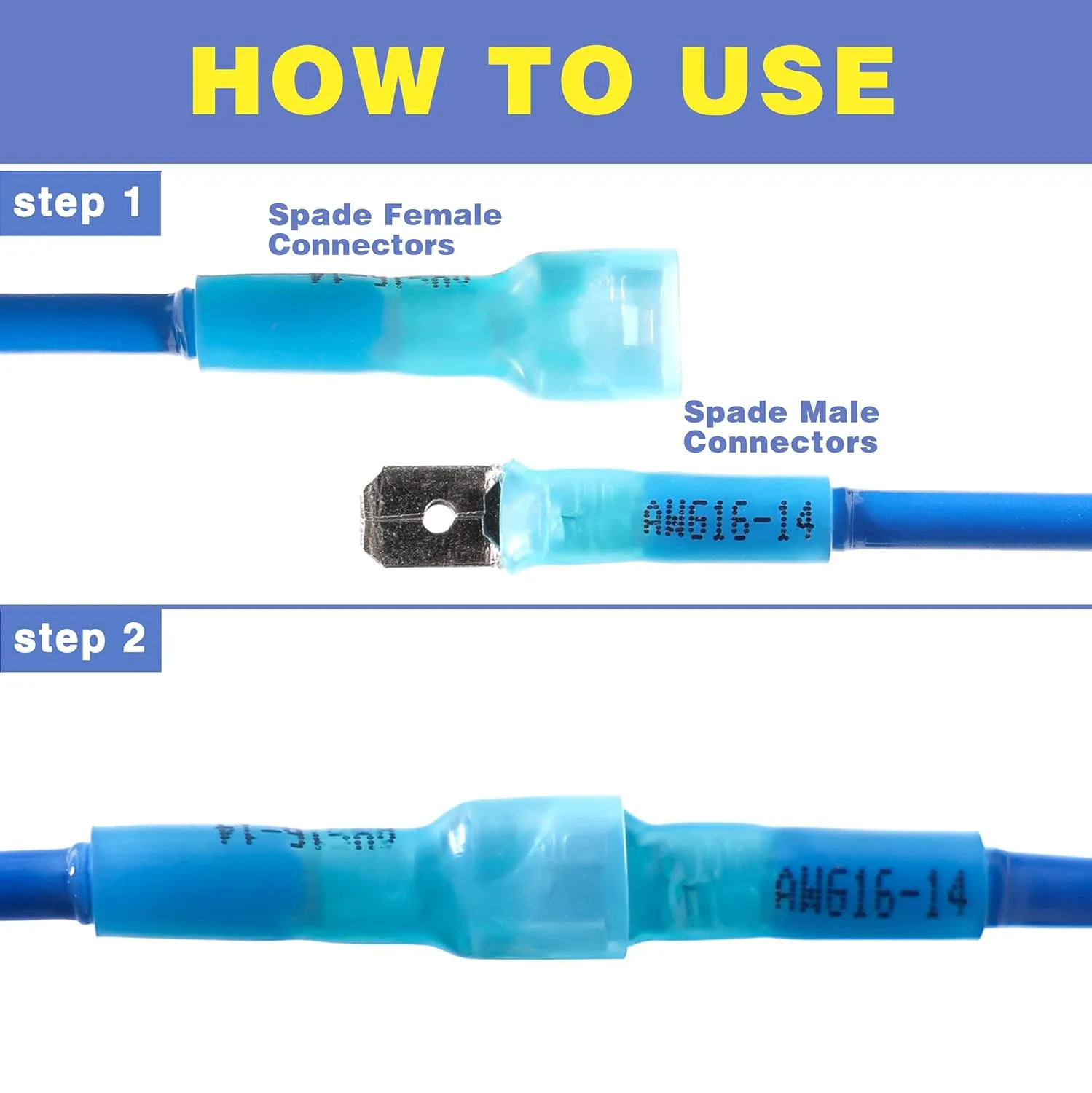 haisstronica 200PCS Blue Heat Shrink Spade Connectors,AWG 16-14 Heat Shrink Spade Terminlas Kit, Speaker Wire Connector, Male and Female Electrical Quick Disconnect Wire Connectors