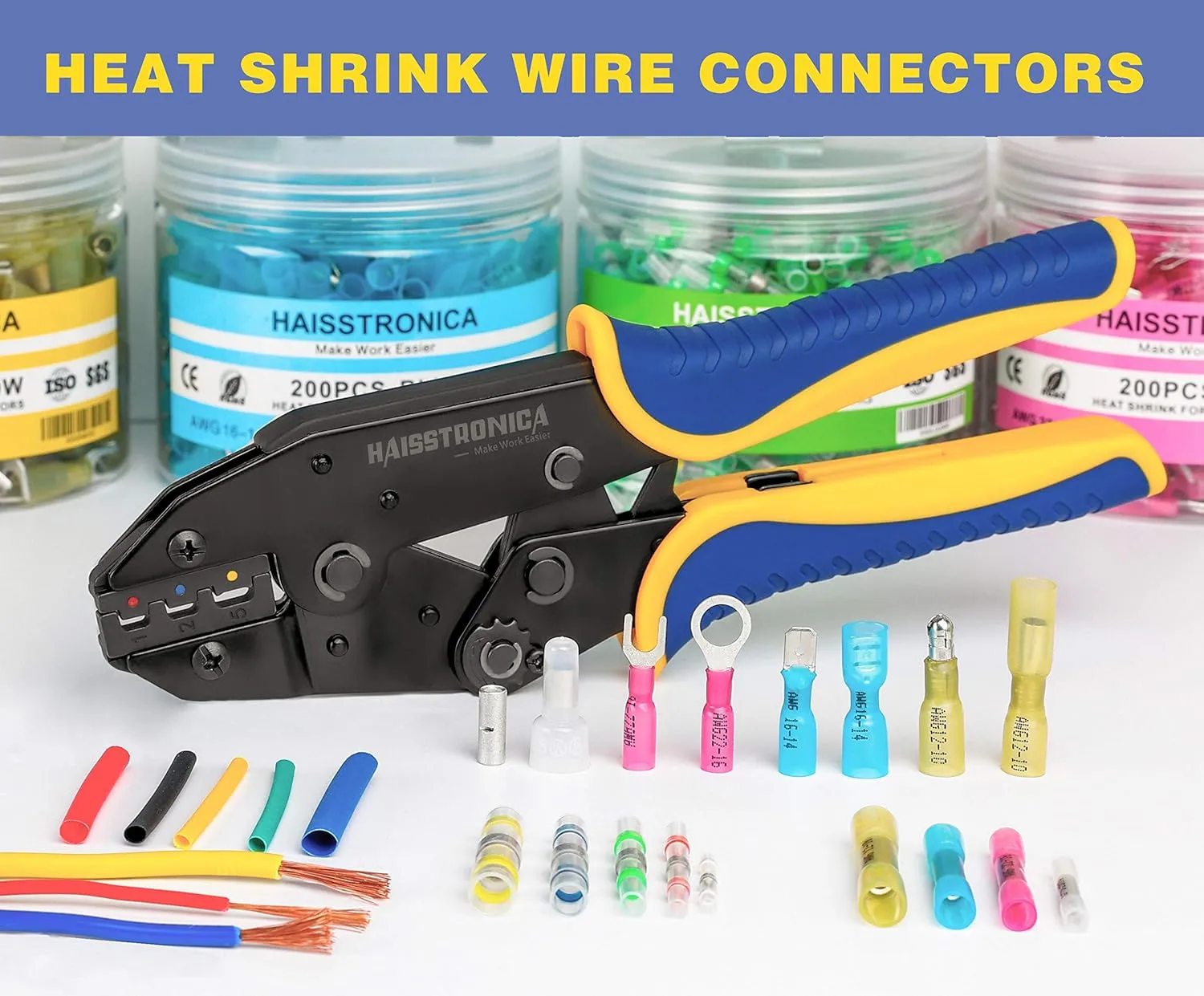 haisstronica 200PCS Blue Heat Shrink Spade Connectors,AWG 16-14 Heat Shrink Spade Terminlas Kit, Speaker Wire Connector, Male and Female Electrical Quick Disconnect Wire Connectors