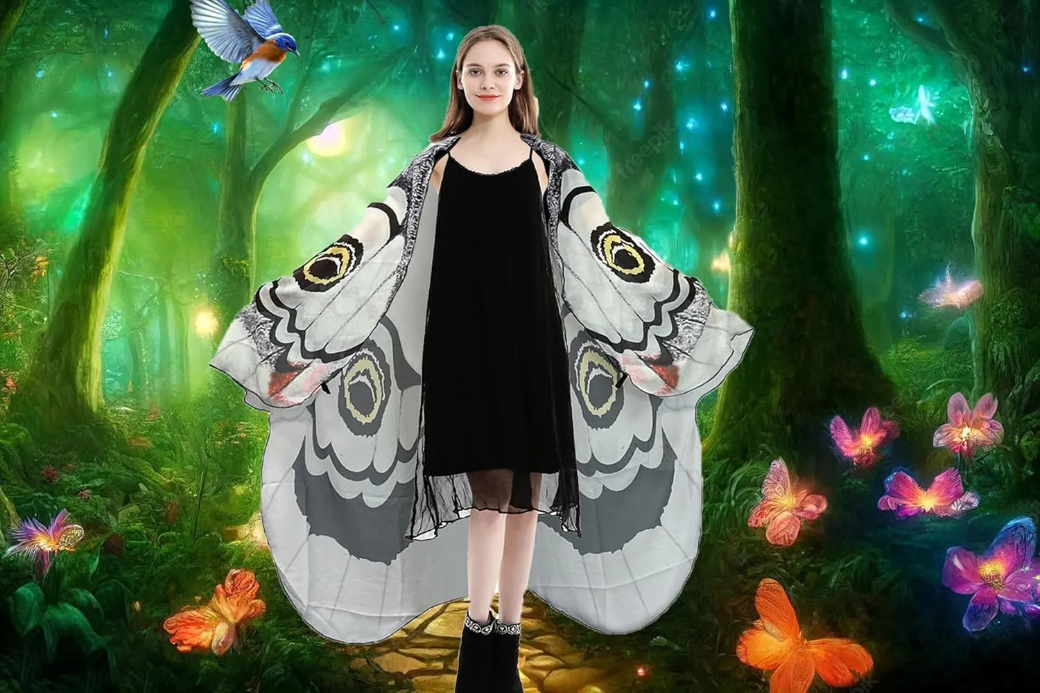 Halloween Butterfly Wings Costume for Women Girls Printed Moth Cape Shawl Wrap Moth Butterfly Cloak