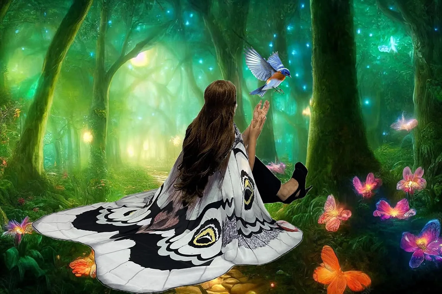 Halloween Butterfly Wings Costume for Women Girls Printed Moth Cape Shawl Wrap Moth Butterfly Cloak