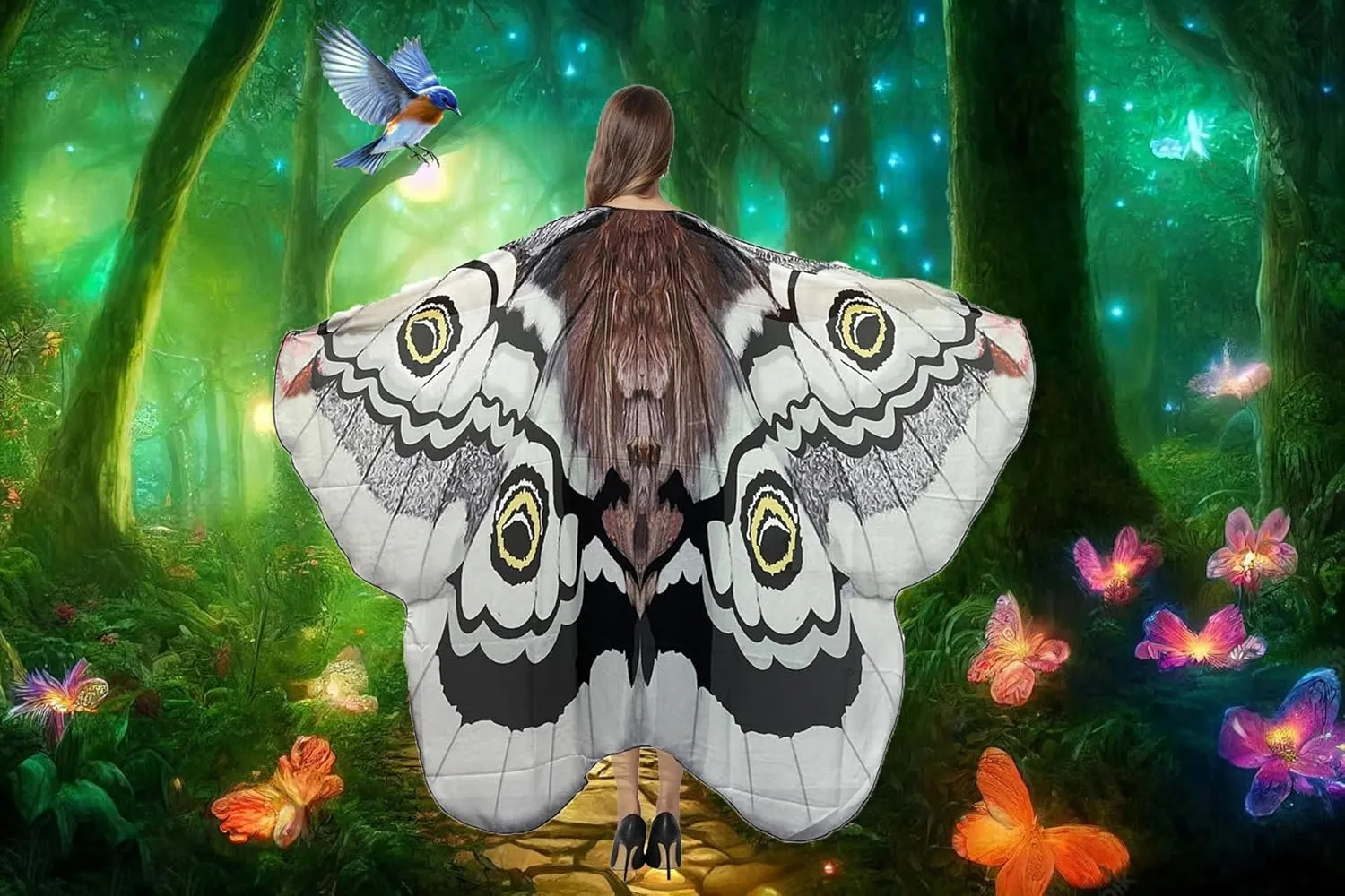 Halloween Butterfly Wings Costume for Women Girls Printed Moth Cape Shawl Wrap Moth Butterfly Cloak