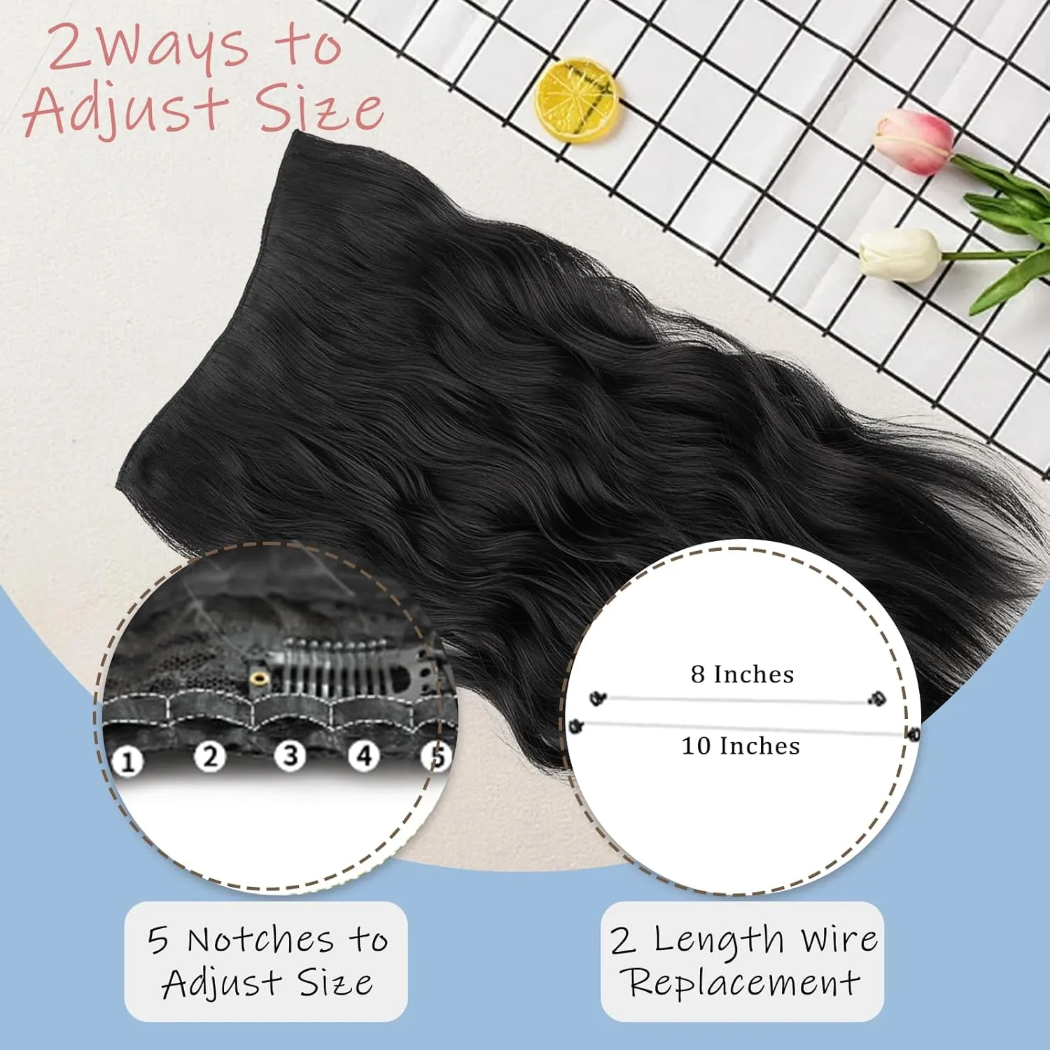 Halo Hair Extensions Invisible Wire long Wavy Synthetic Hairpiece with 4 Secure Clips for Women 20 Inch Black Clip in Hair Extensions