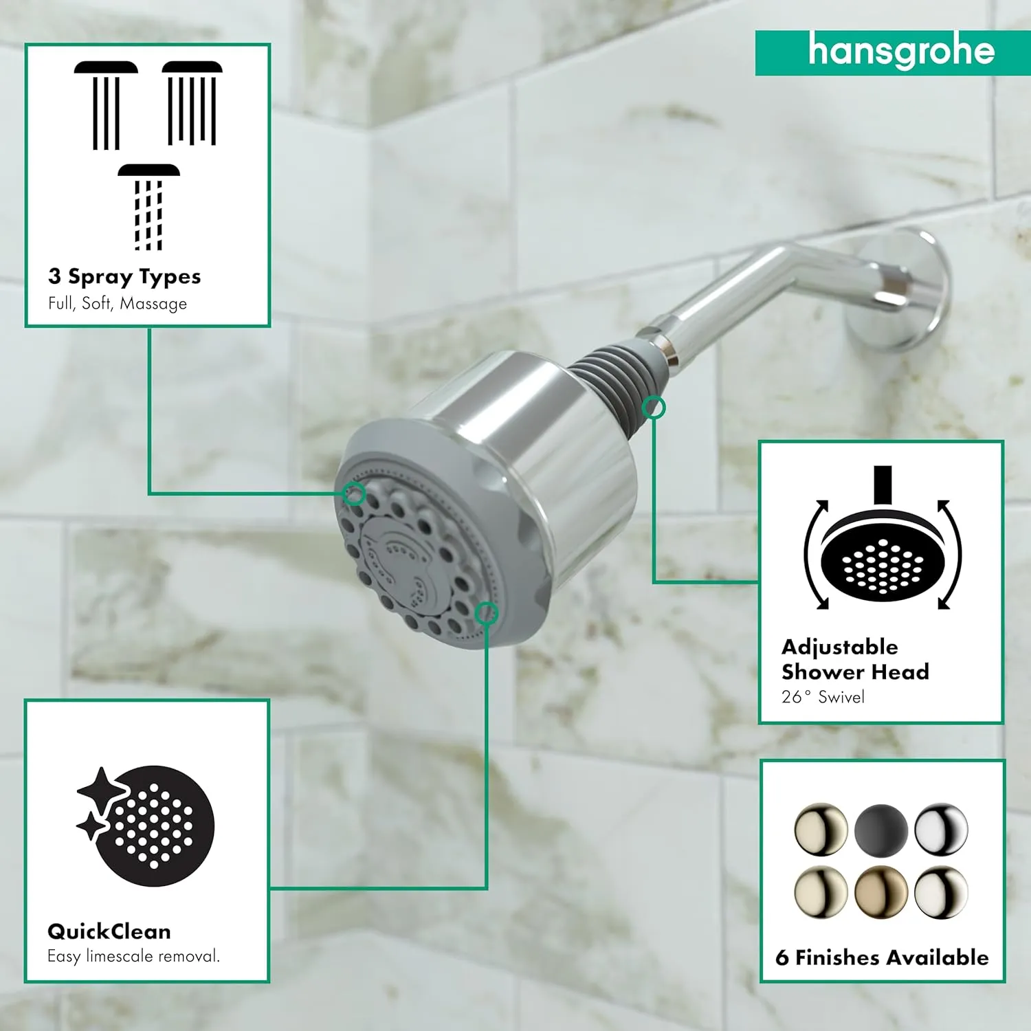 hansgrohe Clubmaster 4-inch Easy Clean Easy Install Showerhead Modern 3-Spray Full, Pulsating Massage, Soft spray with QuickClean in Chrome, 28496001