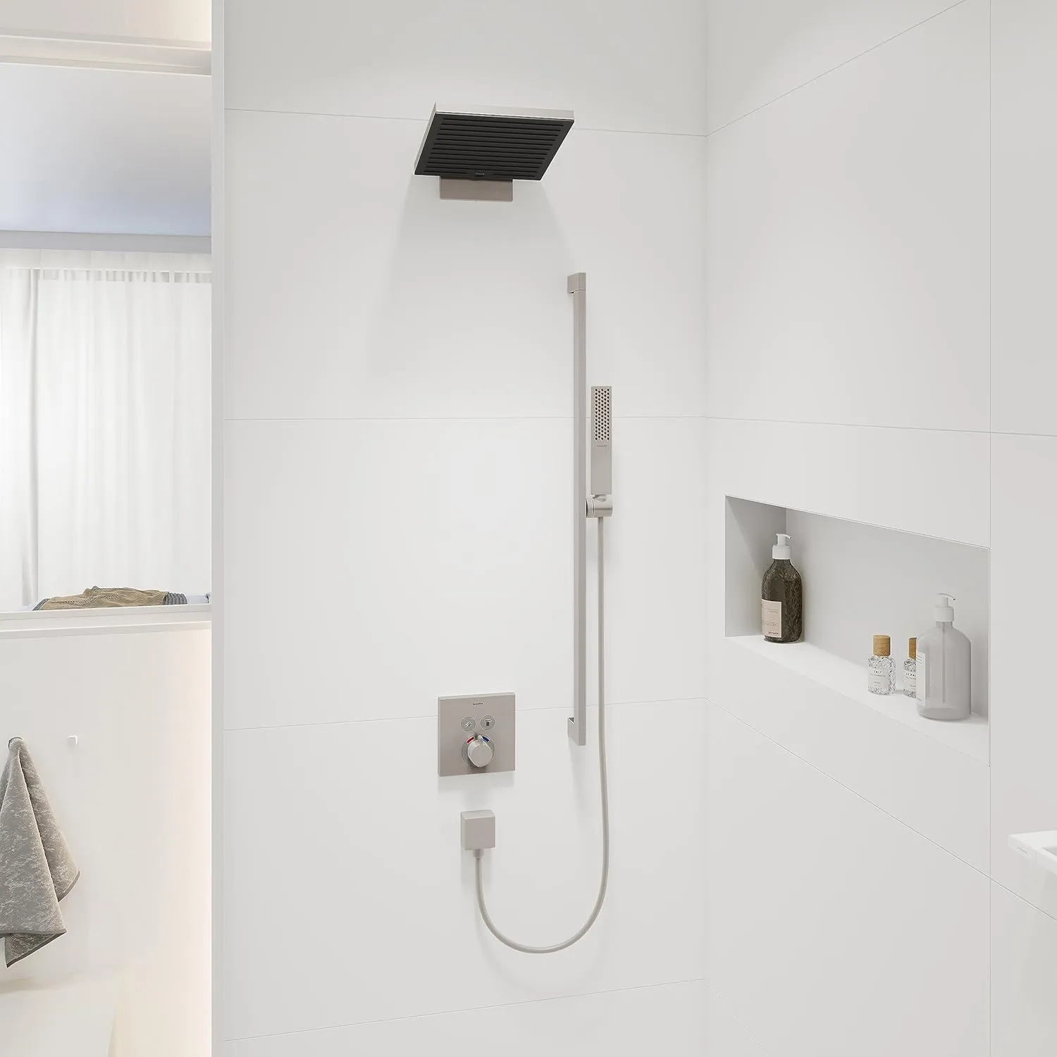 hansgrohe Pulsify E 10-inch Modern Showerhead 1-Spray PowderRain with QuickClean in Brushed Nickel, 24331821