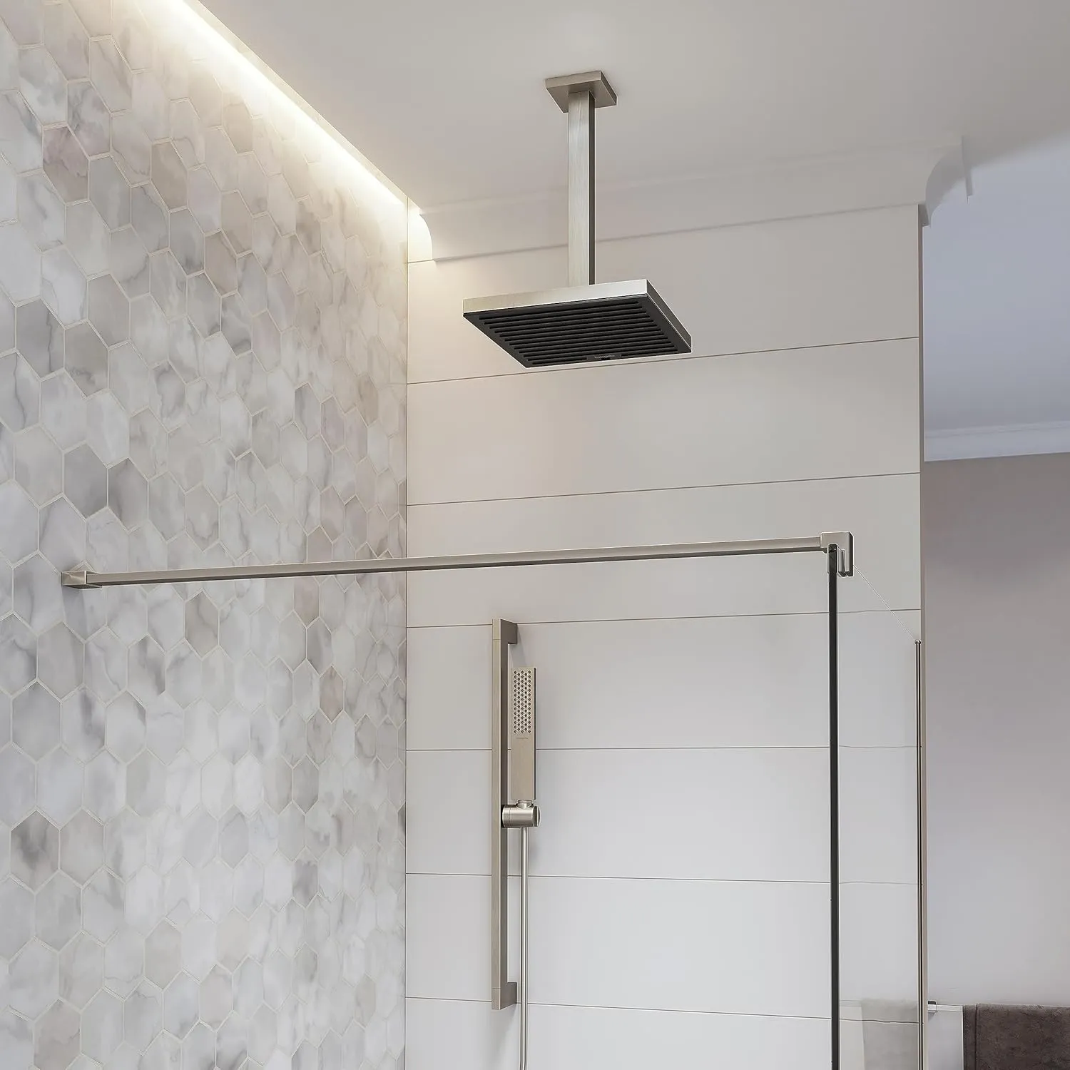 hansgrohe Pulsify E 10-inch Modern Showerhead 1-Spray PowderRain with QuickClean in Brushed Nickel, 24331821